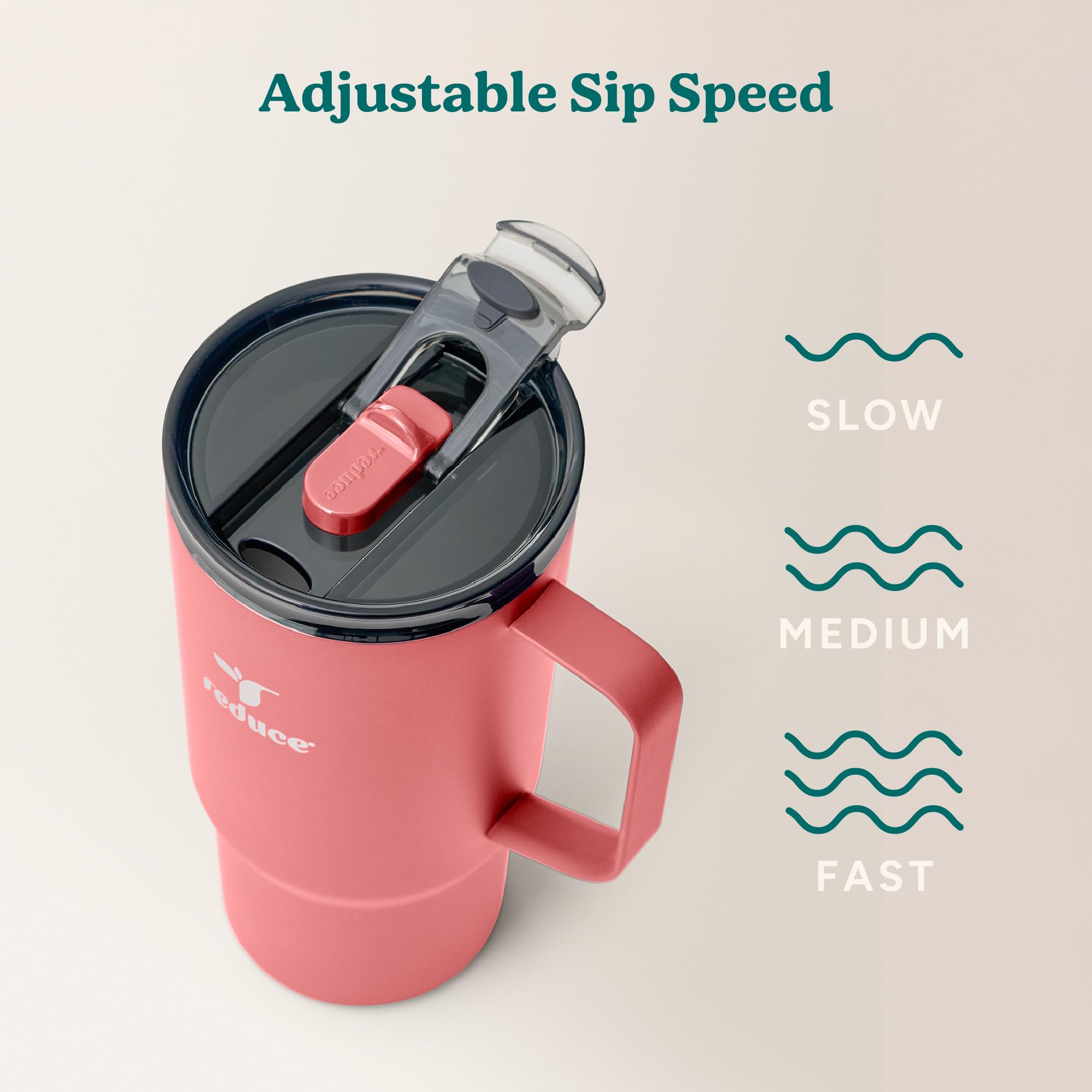 REDUCE Hot1 mug features a 360 welded handle for secure travel.