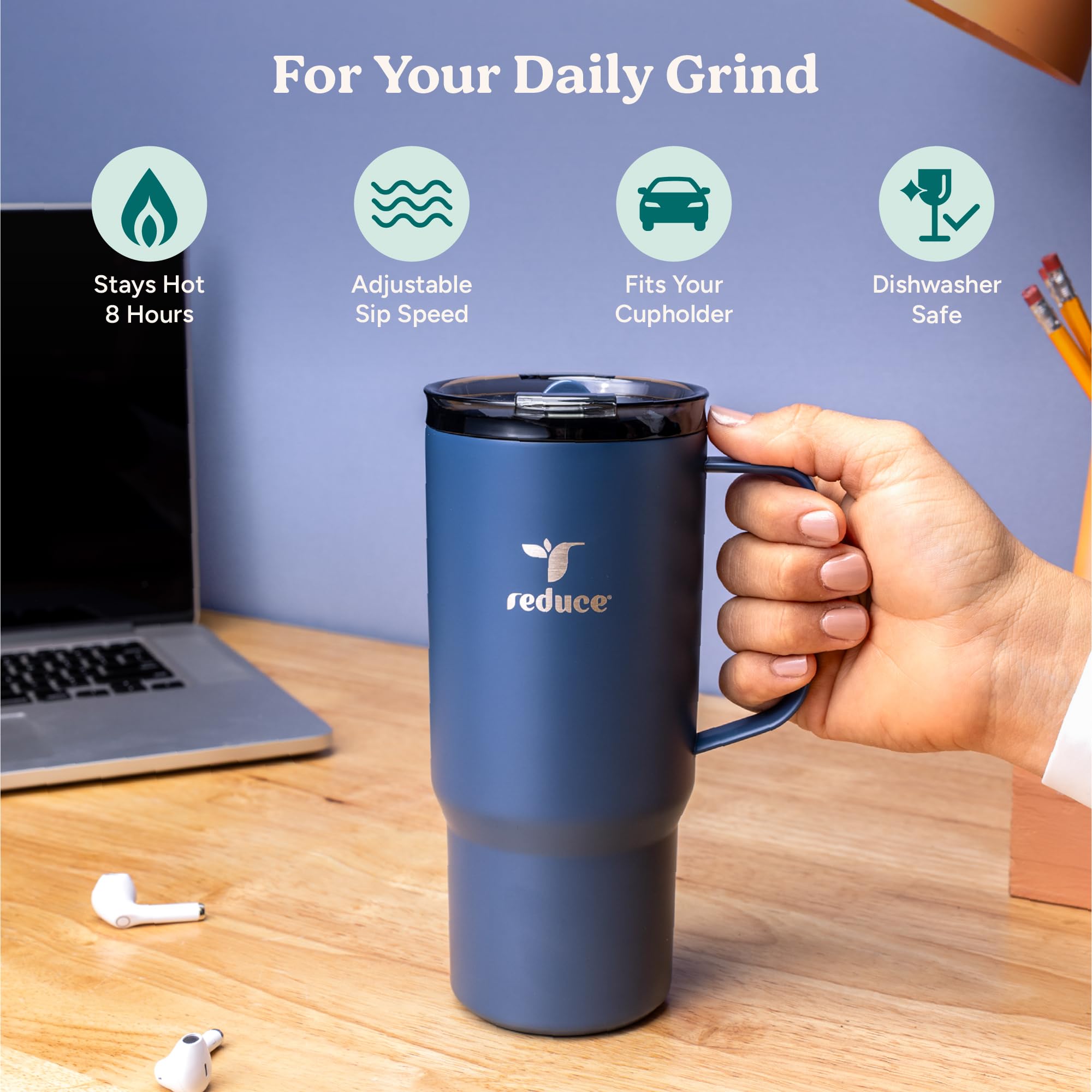 REDUCE Hot1 mug's dual-wall insulation keeps beverages hot between sips.