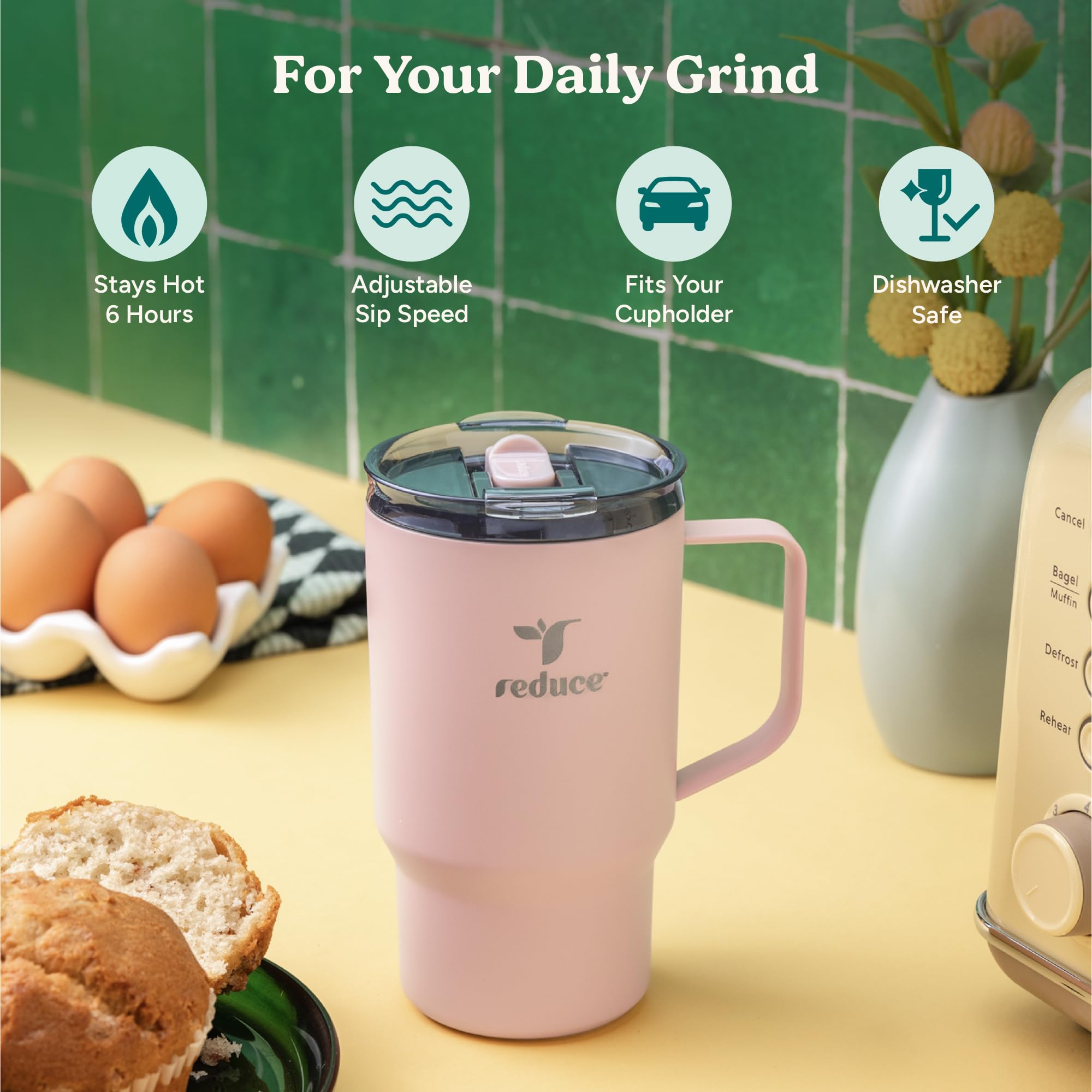 REDUCE hot1 dual-wall insulation keeping drink hot during commutes.