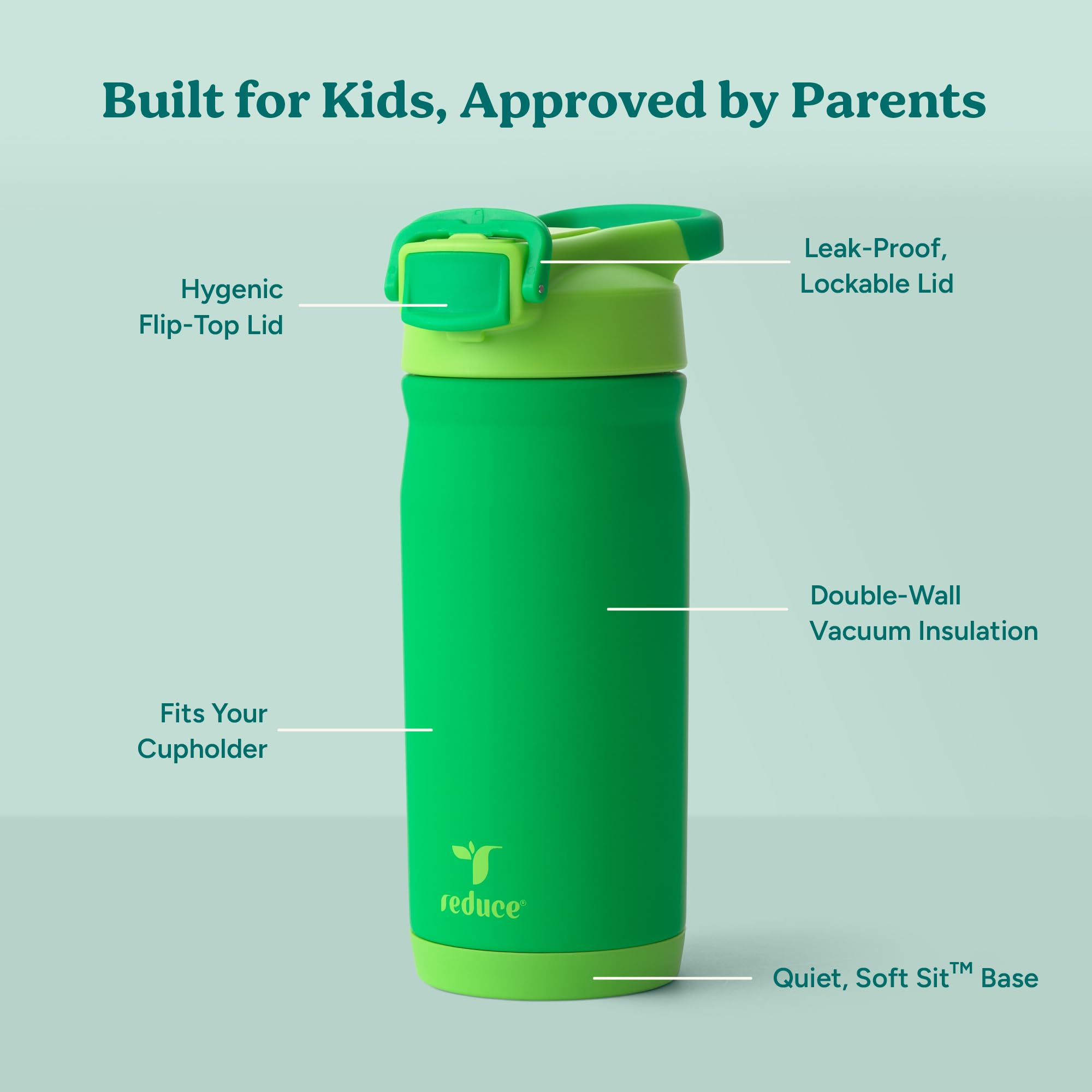REDUCE Hydrate Pro Kids cap close-up highlights spill-proof straw and secure lock