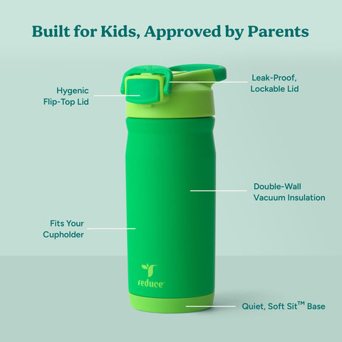 REDUCE Hydrate Pro Kids cap close-up highlights spill-proof straw and secure lock