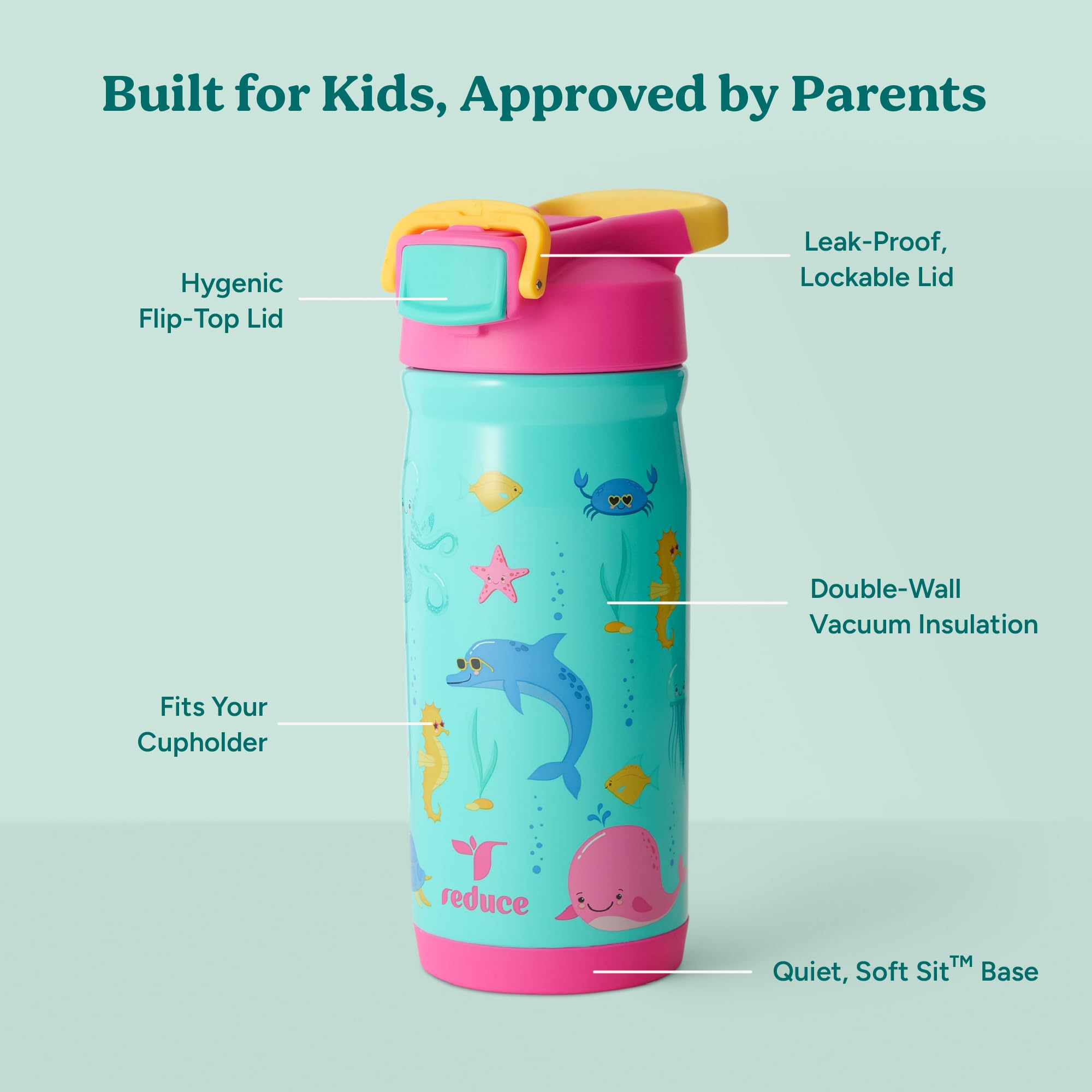 REDUCE Hydrate Pro Kids bottle straw close-up highlights spill-proof sipping