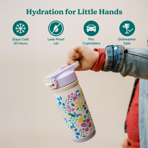 REDUCE Hydrate Pro Kids bottle side view Moon Rock shows compact, backpack-ready design.