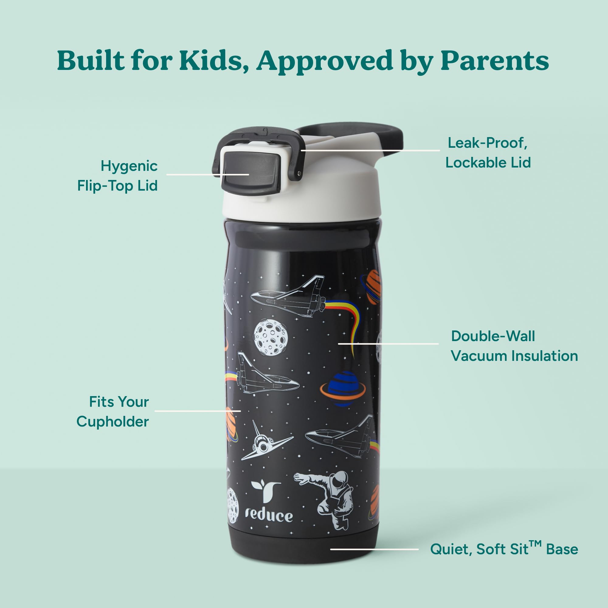REDUCE Hydrate Pro Kids Galaxy bottle straw close-up showing spill-proof silicone straw