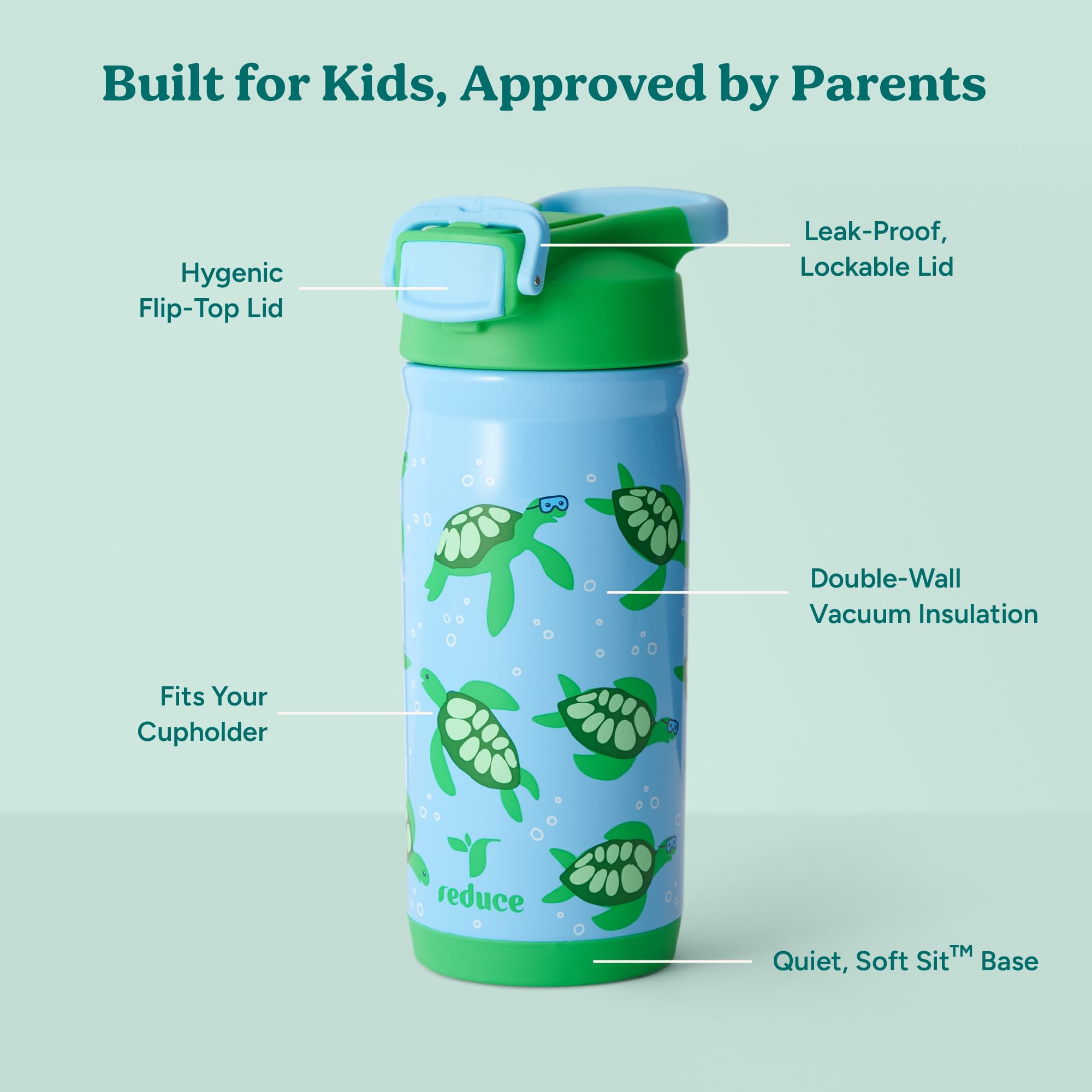 REDUCE Hydrate Pro Kids bottle lid close-up highlights leak-proof design for mess-free bags