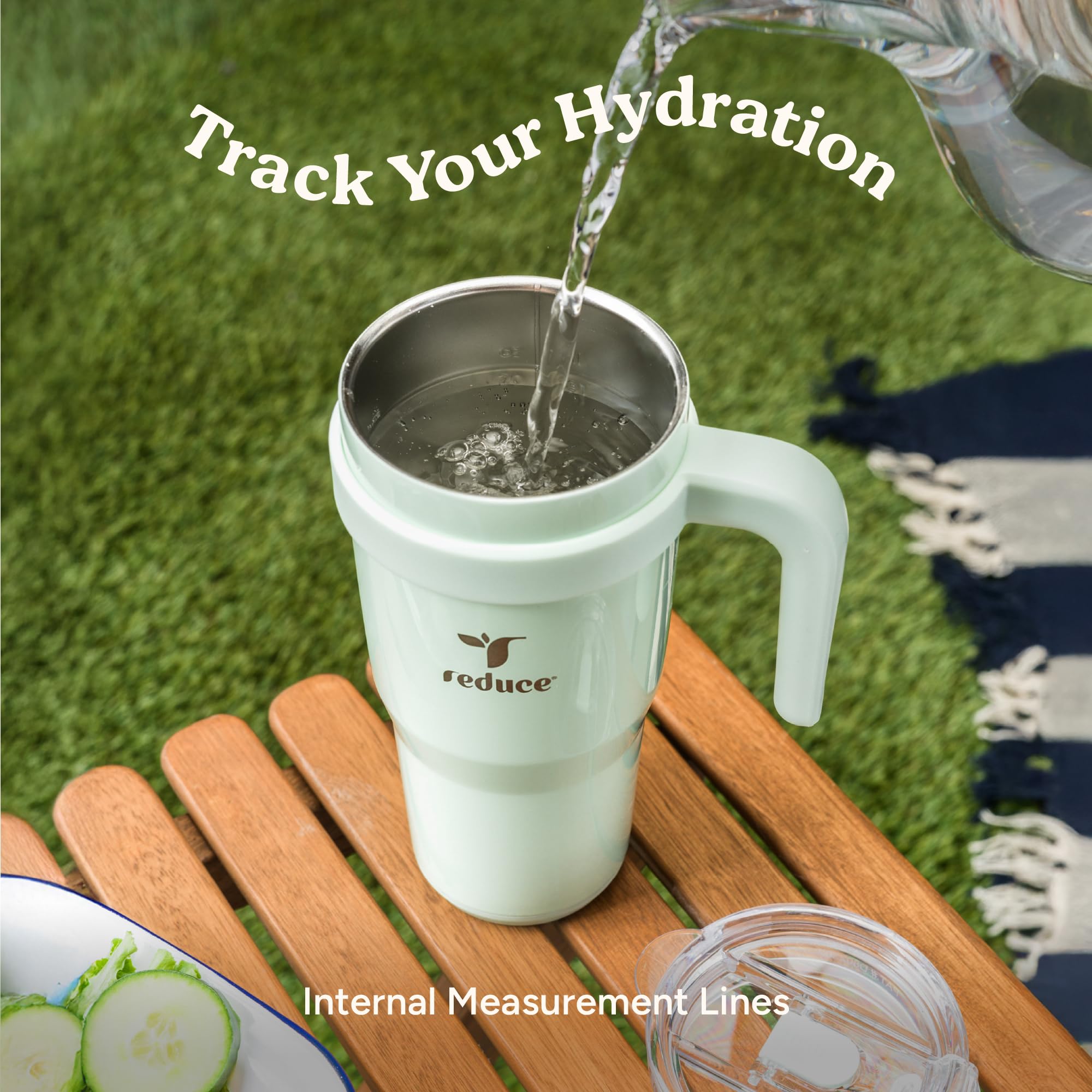 Reduce Inner Ounce Markings help track daily hydration goals.