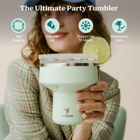 REDUCE Saltini 360 lid keeps sipping from any angle without spills.