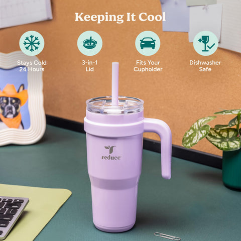 REDUCE stainless steel tumbler with reusable straw for sustainable hydration.