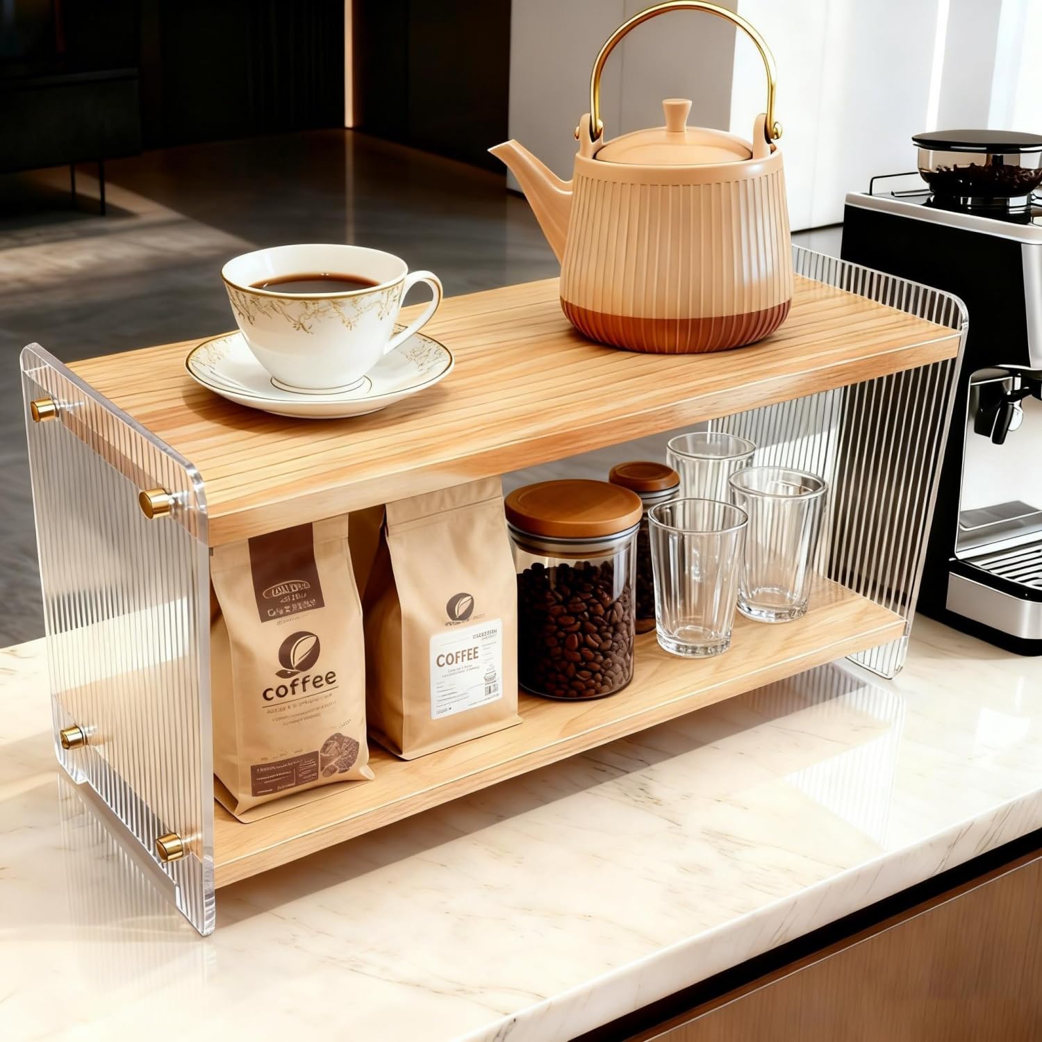 ReeGii Coffee Station Organizer 2-Tier in solid wood, durable and natural.