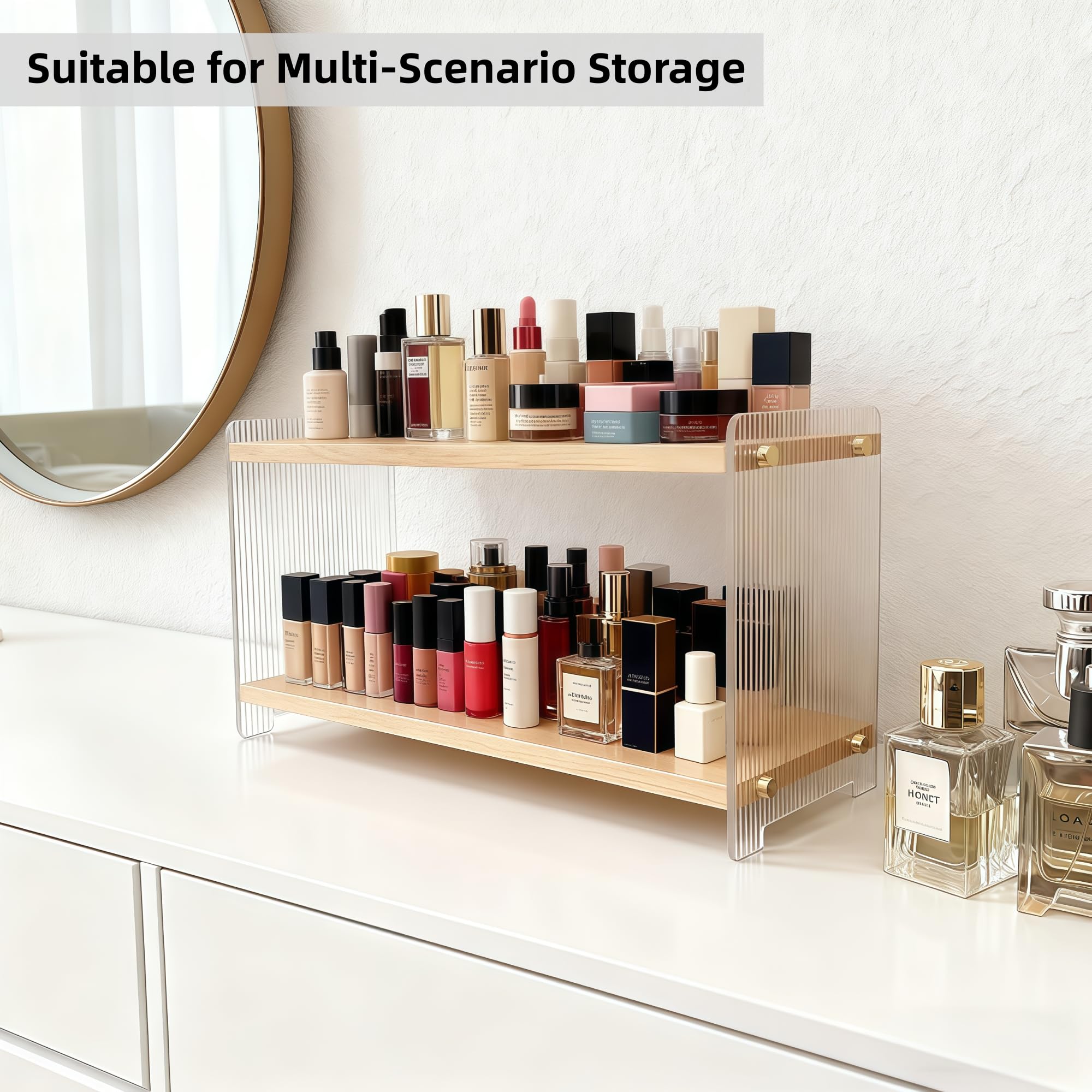 ReeGii solid wood rack fits creamer bottles on the lower tier.