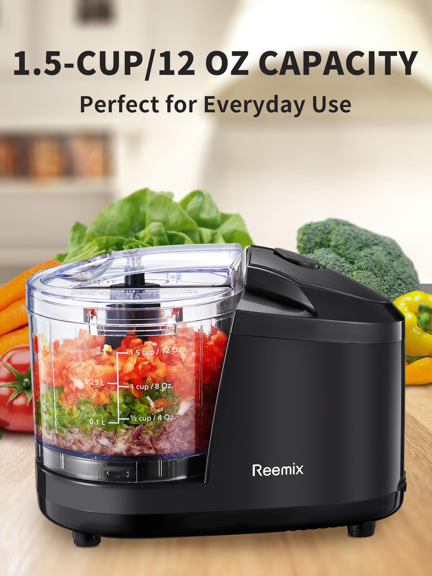 Reemix 100W motor powers precise chopping with a stainless blade.