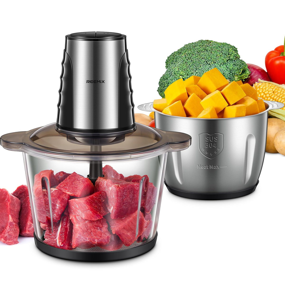 Reemix dual-bowl food processor with 12-cup capacity for multitasking prep