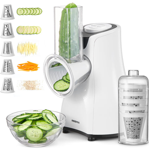 Reemix electric cheese grater with a 5-blade set for versatile shredding.