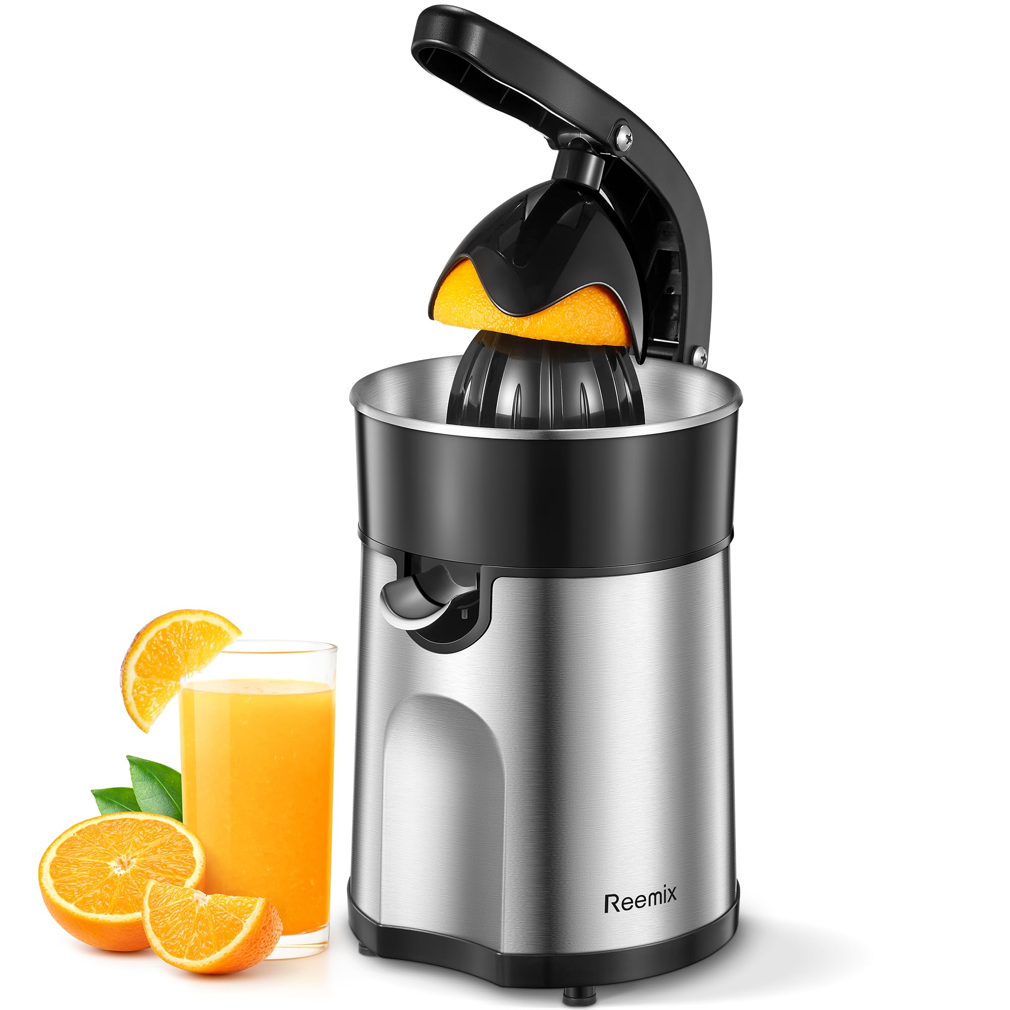 Reemix electric citrus juicer squeezer with two cones for quick, fresh juice from oranges and grapefruits.