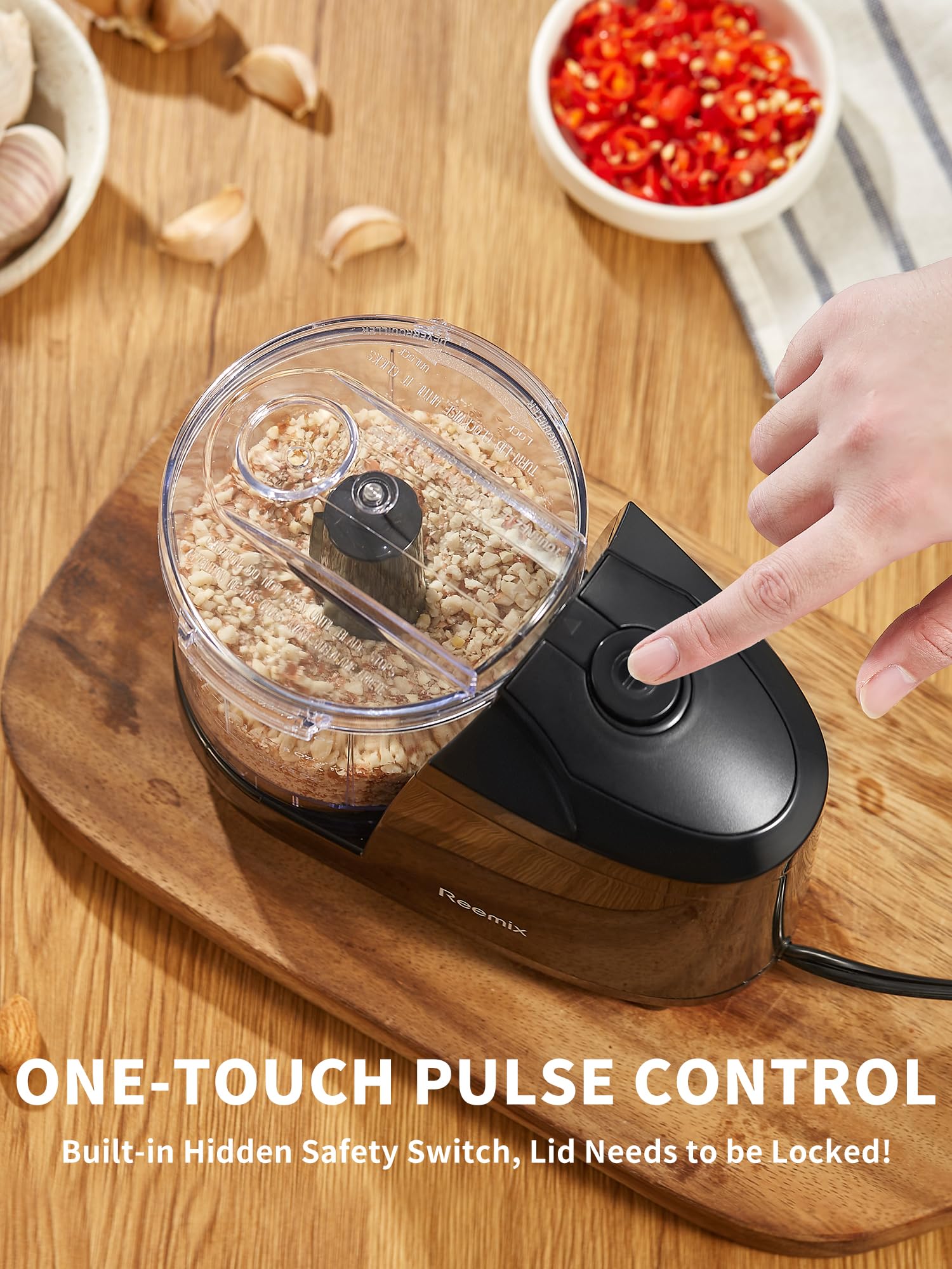 Reemix multipurpose chopper shreds, dices, grinds and blends ingredients.