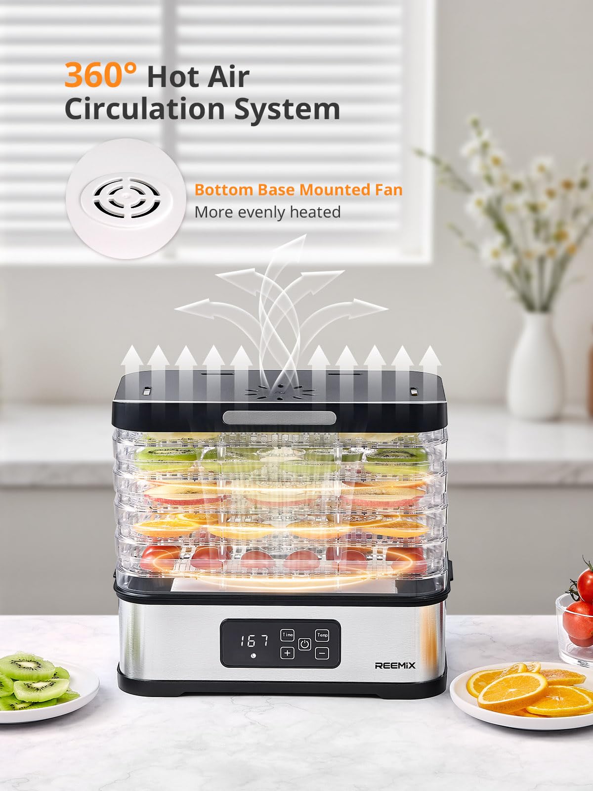 Reemix precise temperature control enables versatile dehydration across foods.