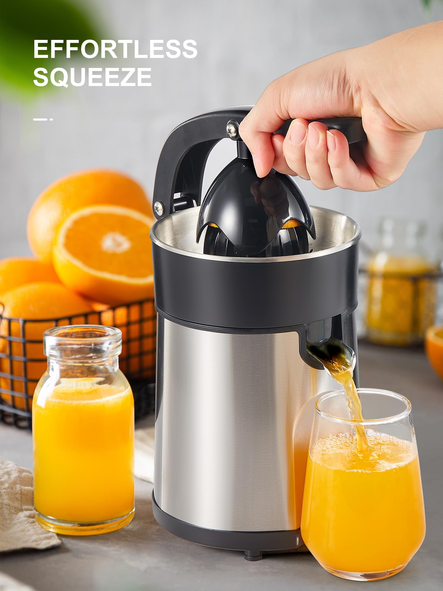 Reemix citrus press features a pressure sensor for easy one-handed operation.