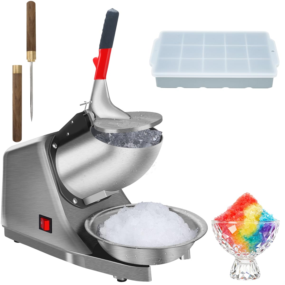 Reespring snow cone machine front view showing sleek stainless design for home use
