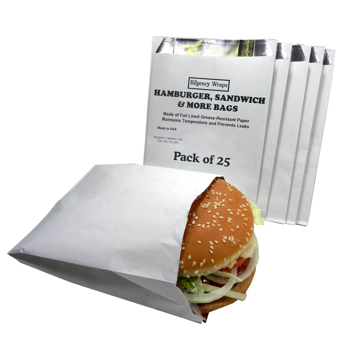 Regency Wraps grease-resistant foil-lined bag keeps burgers warm and hands clean.