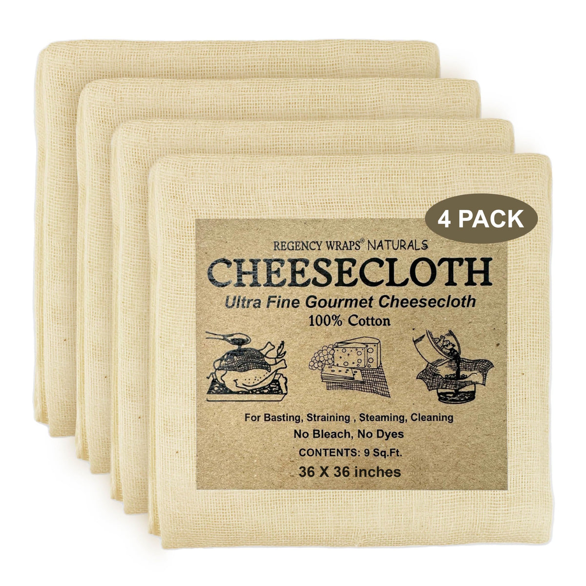 Regency Wraps ultra-fine cheesecloth four-pack for precise straining and cooking prep
