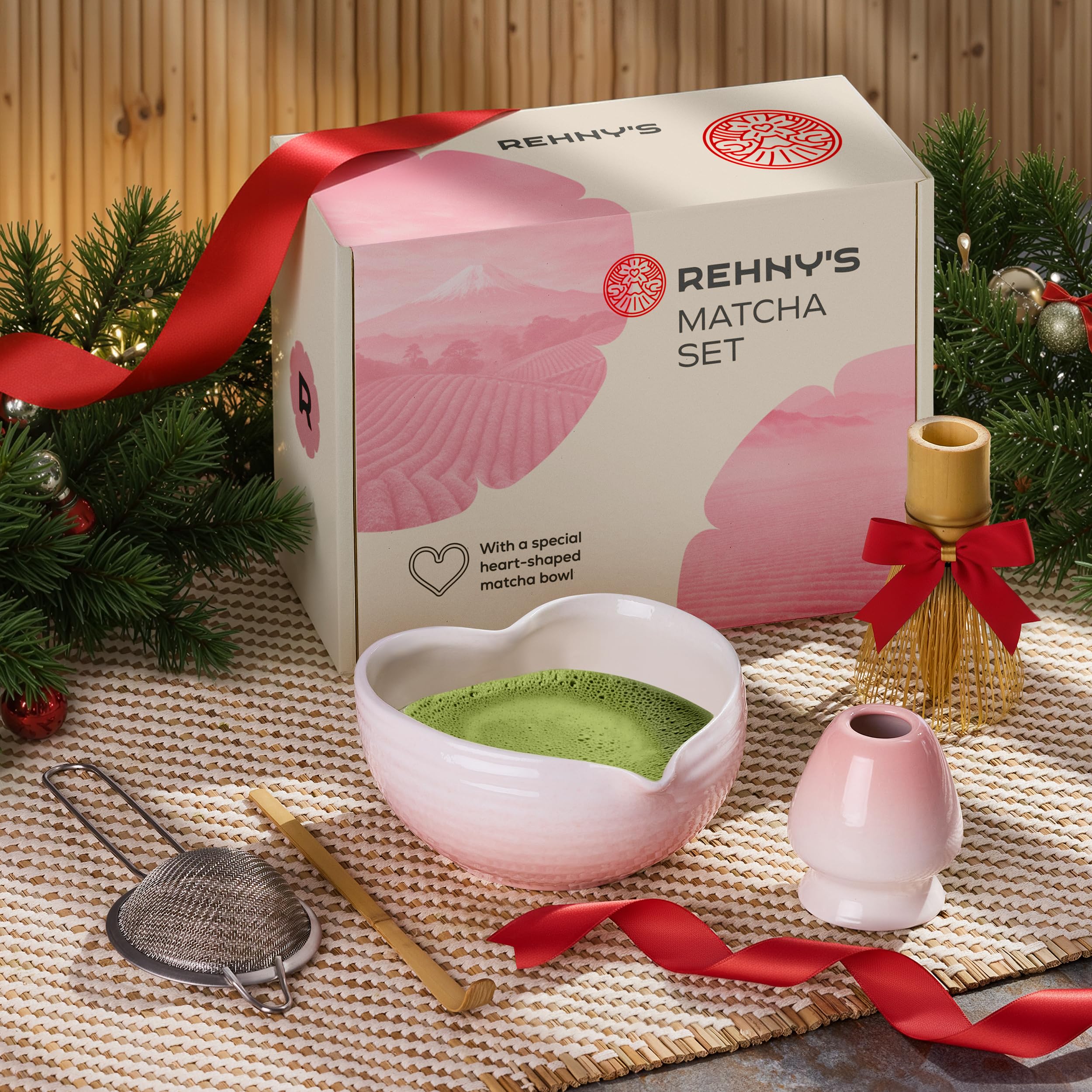 REHNY'S heart-shaped bowl for a smooth, drip-free matcha pour.
