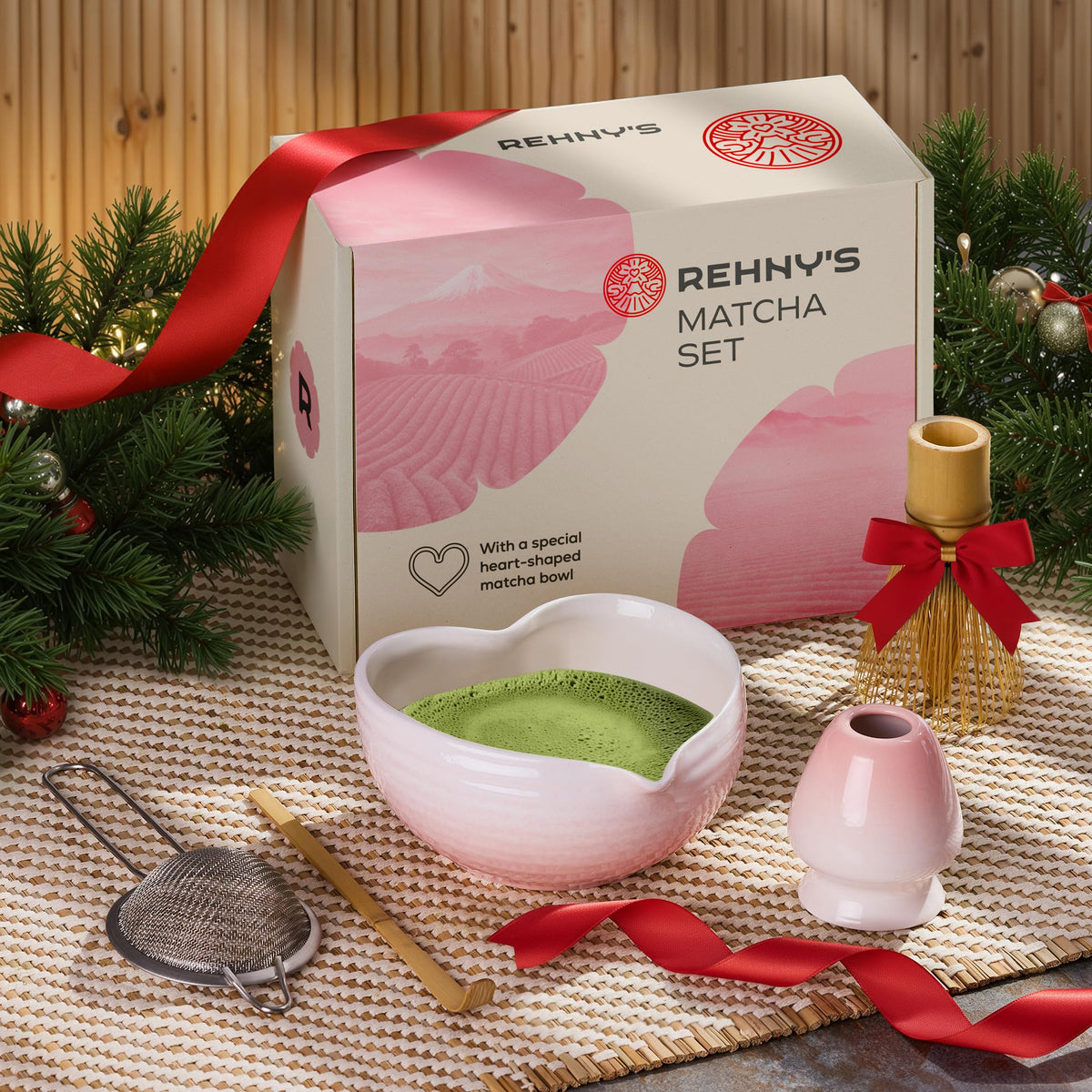 REHNY'S heart-shaped bowl for a smooth, drip-free matcha pour.
