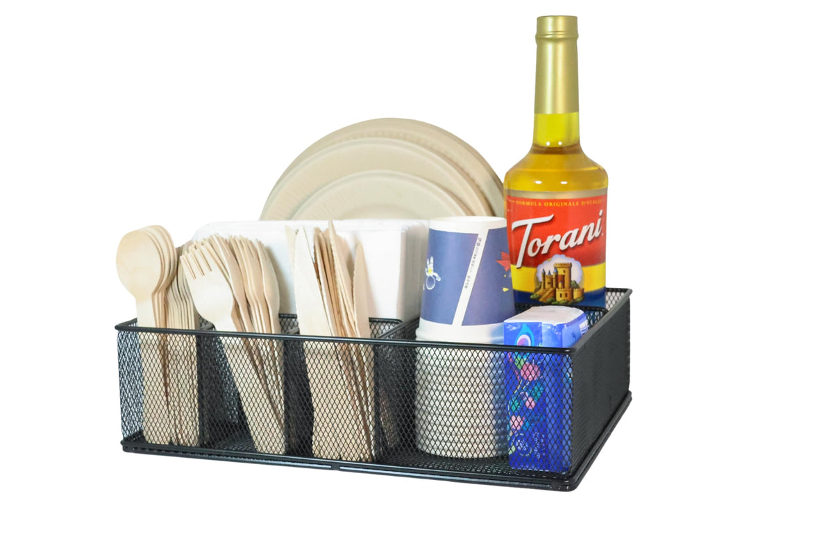 Rehuei metal paper plate organizer top view with six compartments for organized counter storage