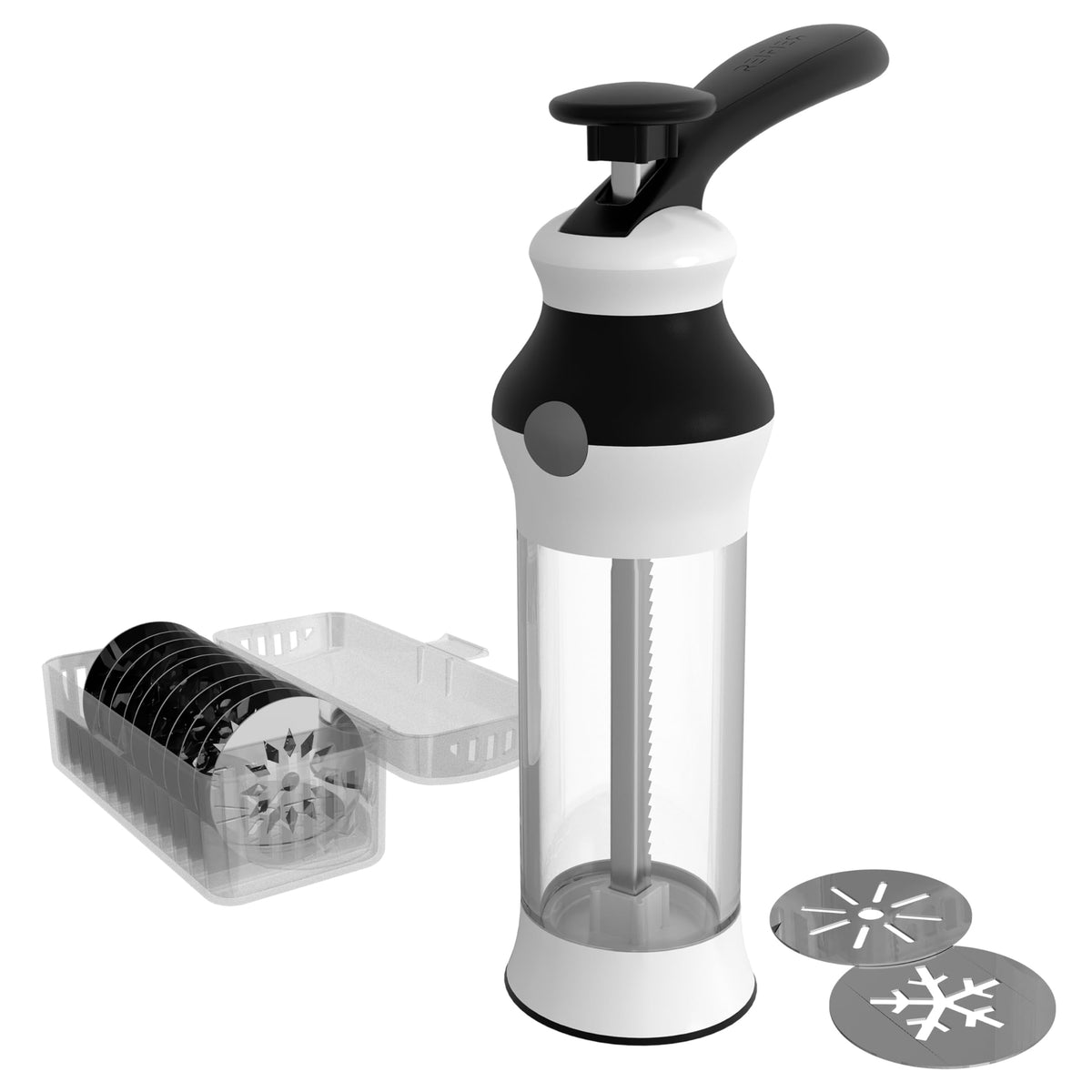 Reifier 14-Piece Cookie Press Set front view, showing a complete set for consistent cookies.