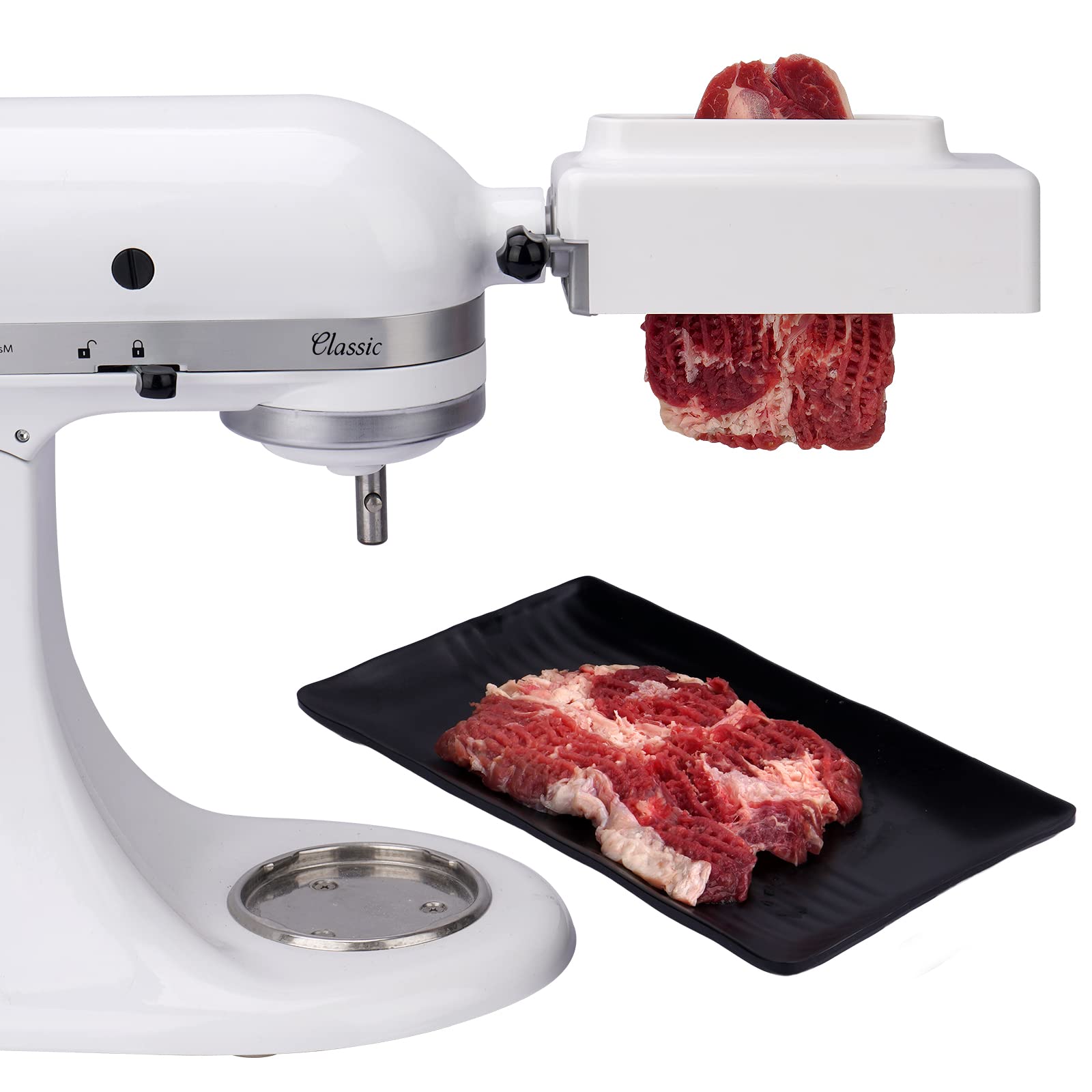 Reikame meat tenderizer attachment on KitchenAid mixer for smooth tenderizing.
