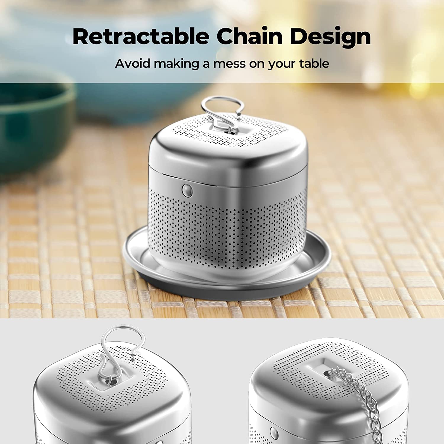 Reinmoson tea ball with drip tray for easy serving.