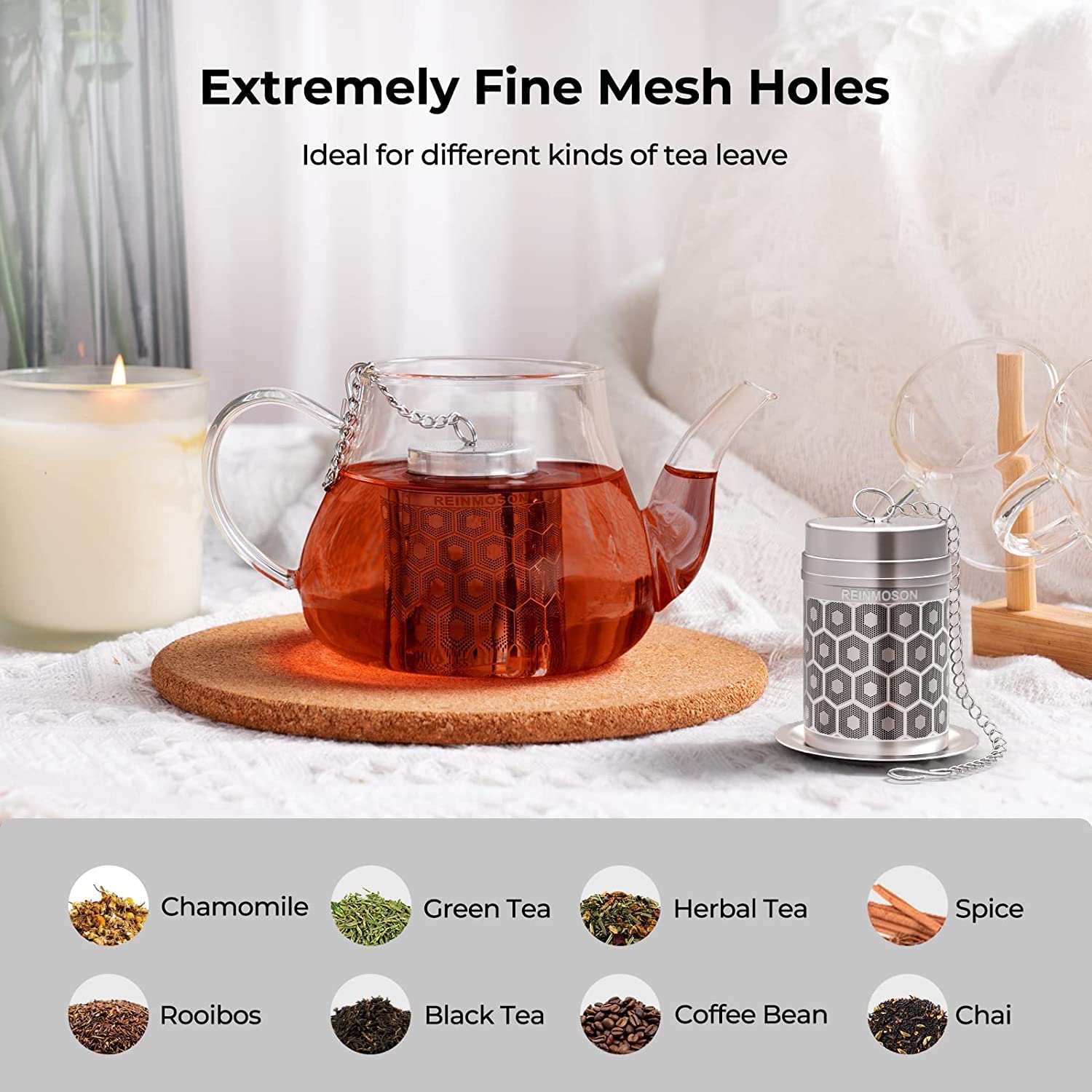 Reinmoson rooibos tea strainer provides fine filtration for flavor.