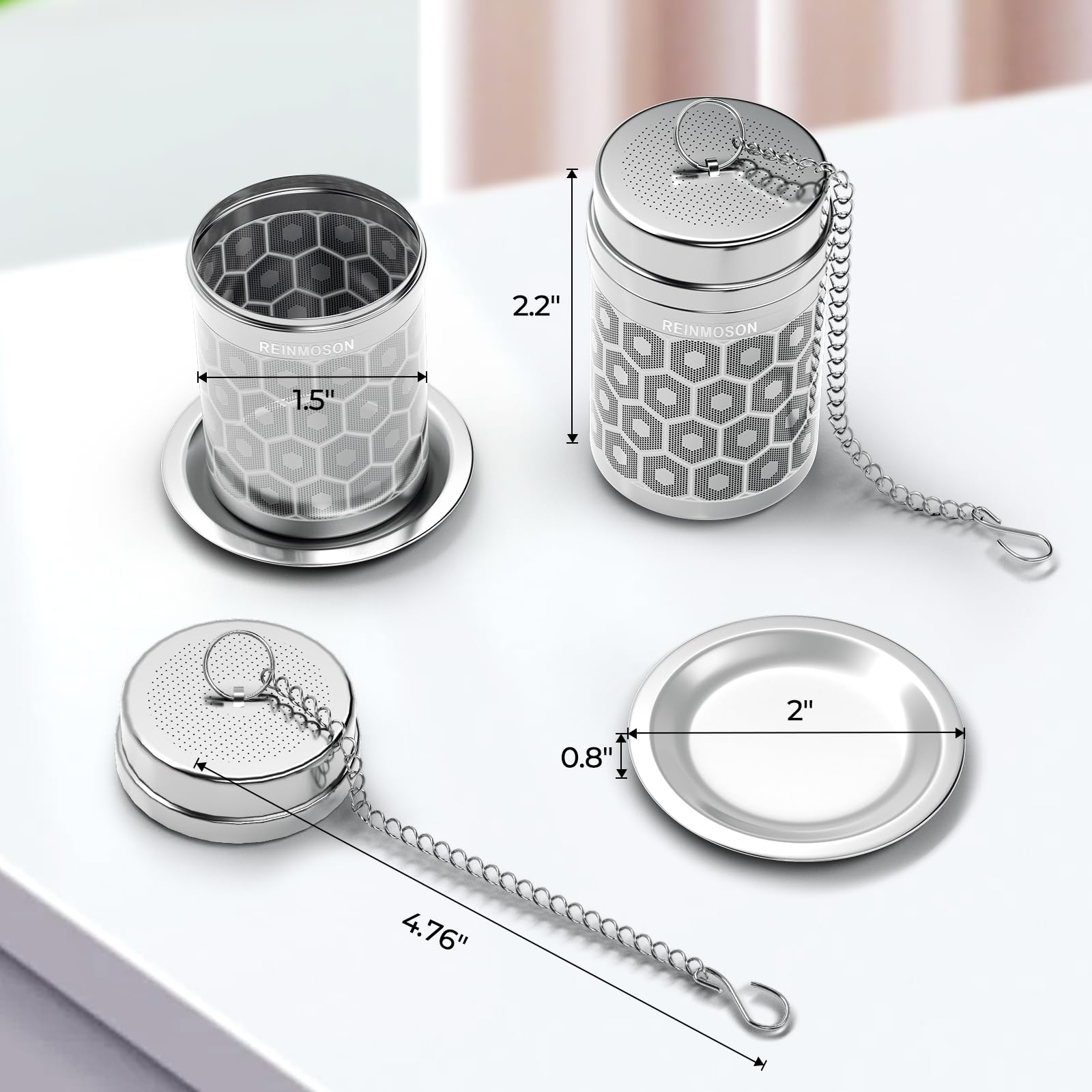Reinmoson stainless steel tea ball infuser with threaded lid for secure brewing.