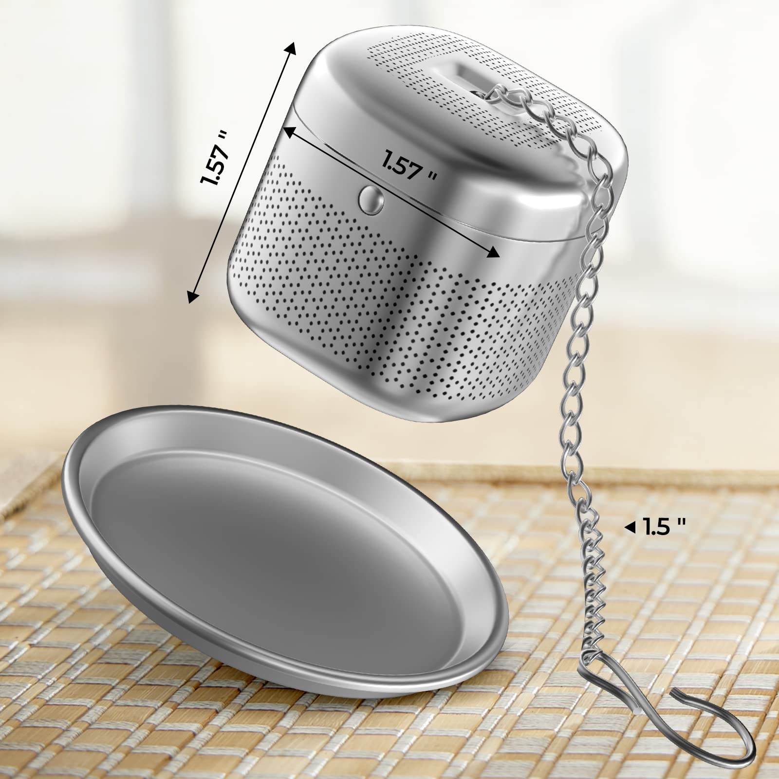 Reinmoson tea ball in cup demonstrates versatile loose-leaf brewing.
