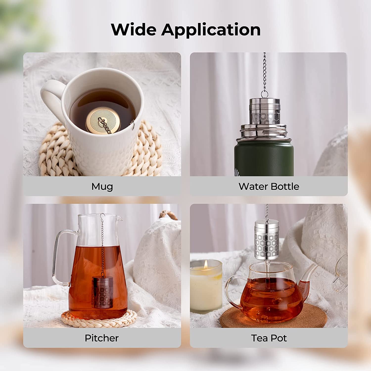 Reinmoson tea ball infuser with extended chain and S-hook.