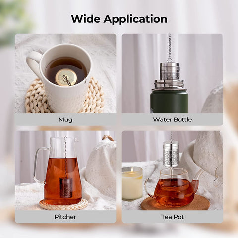 Reinmoson tea ball infuser with extended chain and S-hook.