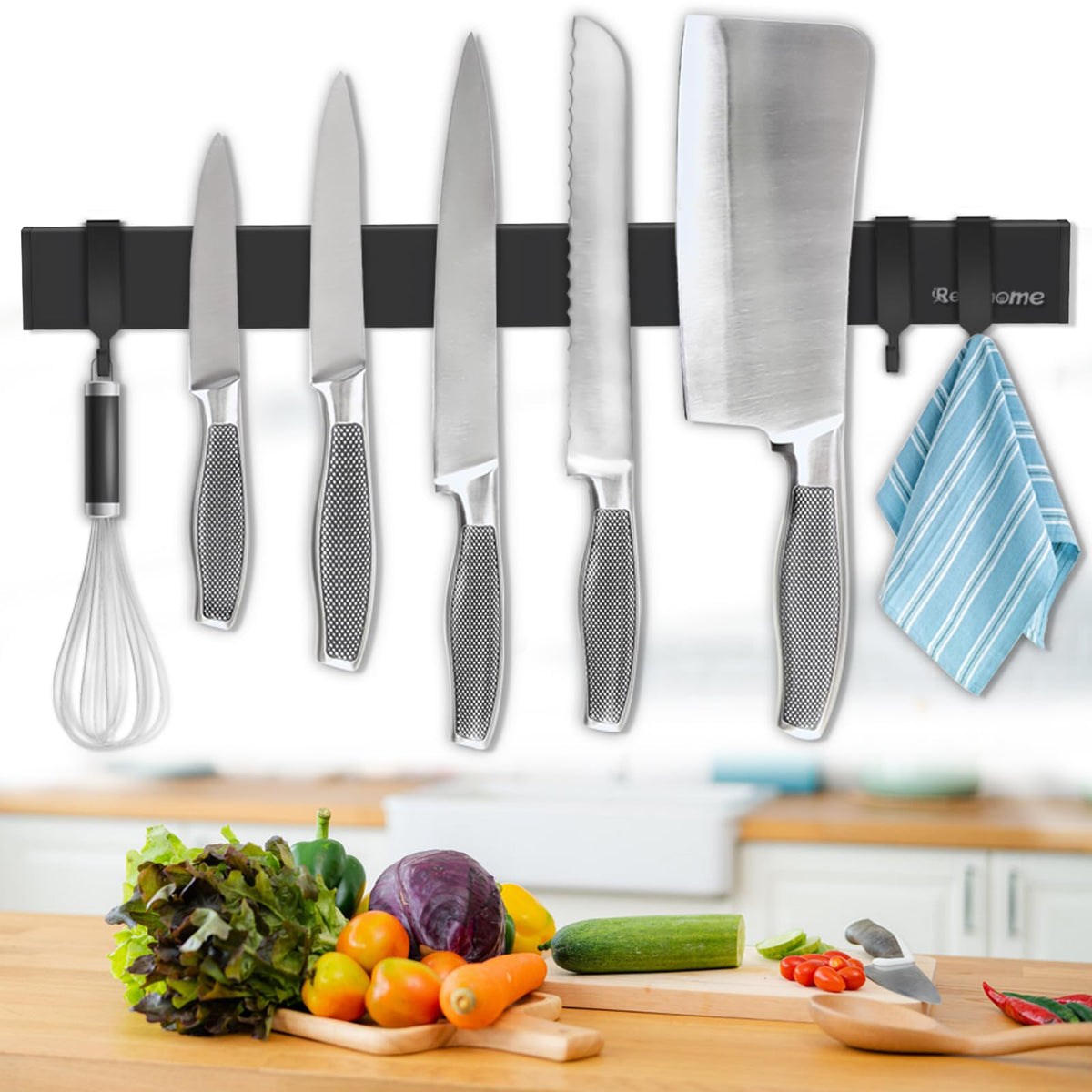 RekeHome magnetic knife holder wall 17-inch shows strong magnets for secure knife storage