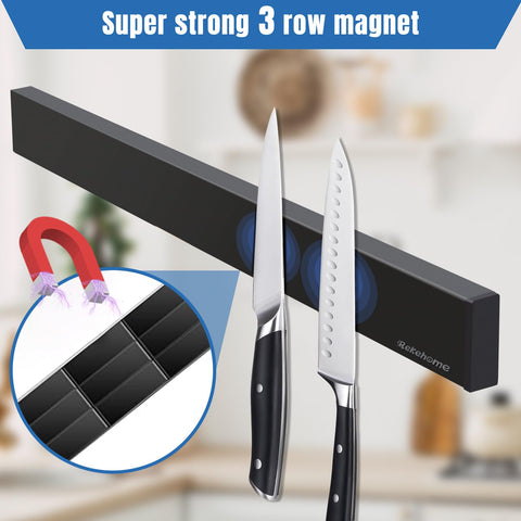 RekeHome stainless steel knife holder close-up highlights super-strong magnets