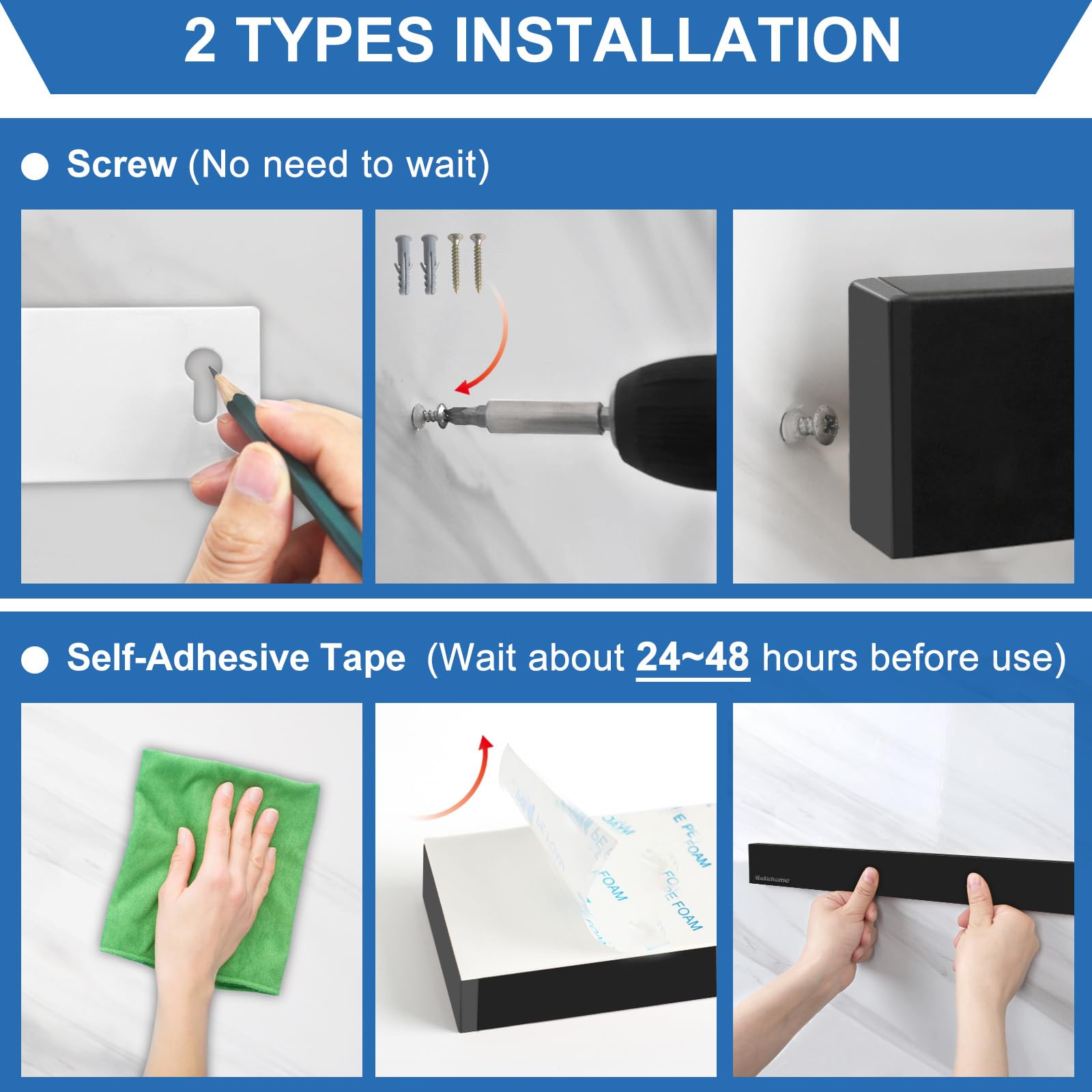 RekeHome wall-mount installation options with self-adhesive tape and screws