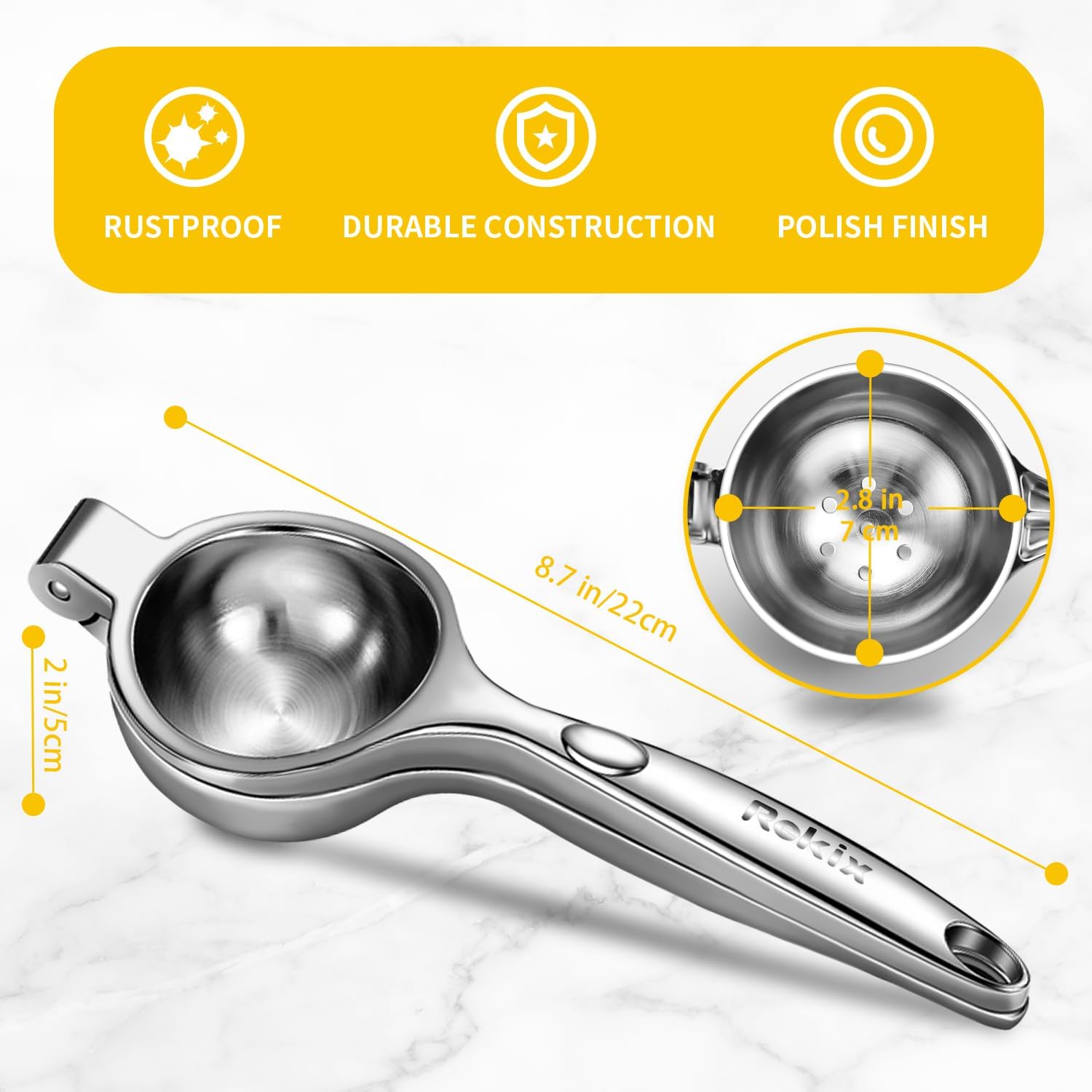 Rekix hand press lemon juicer demonstrated for easy squeezing.
