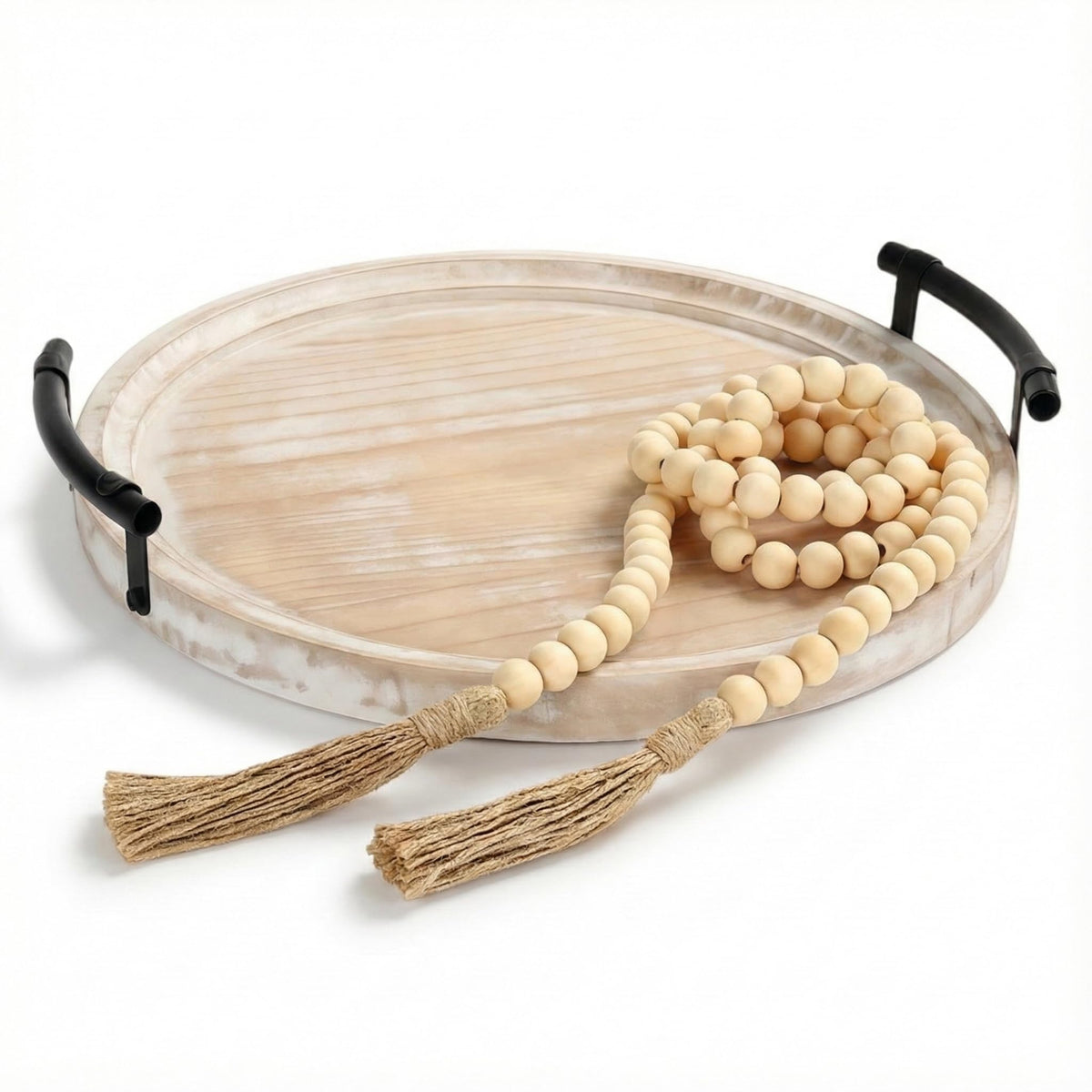 Relaxing Garden decorative round tray with bead garland adds texture for a cozy coffee table focal point.