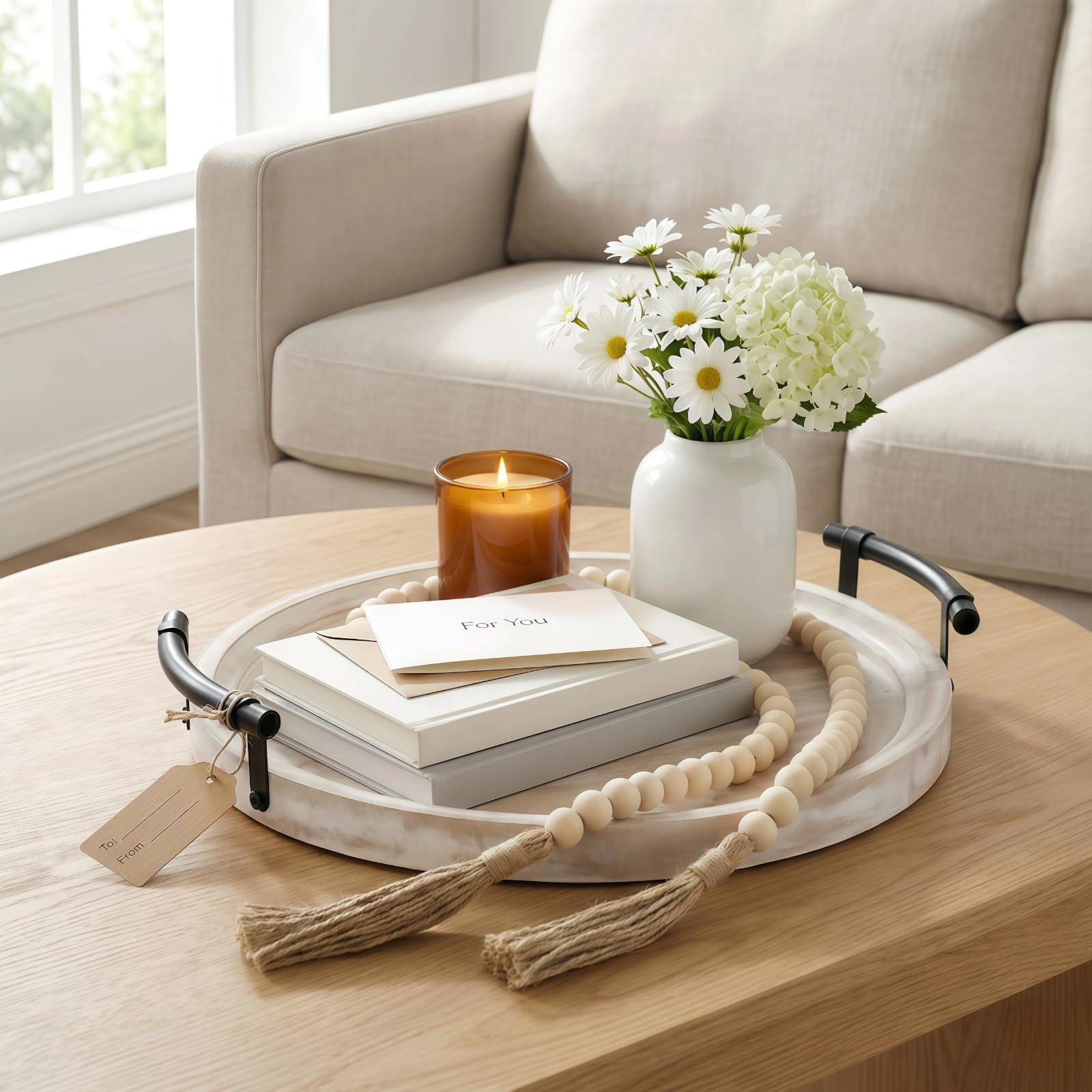 Relaxing Garden natural-tone tray offers versatile styling for neutral and rustic interiors.
