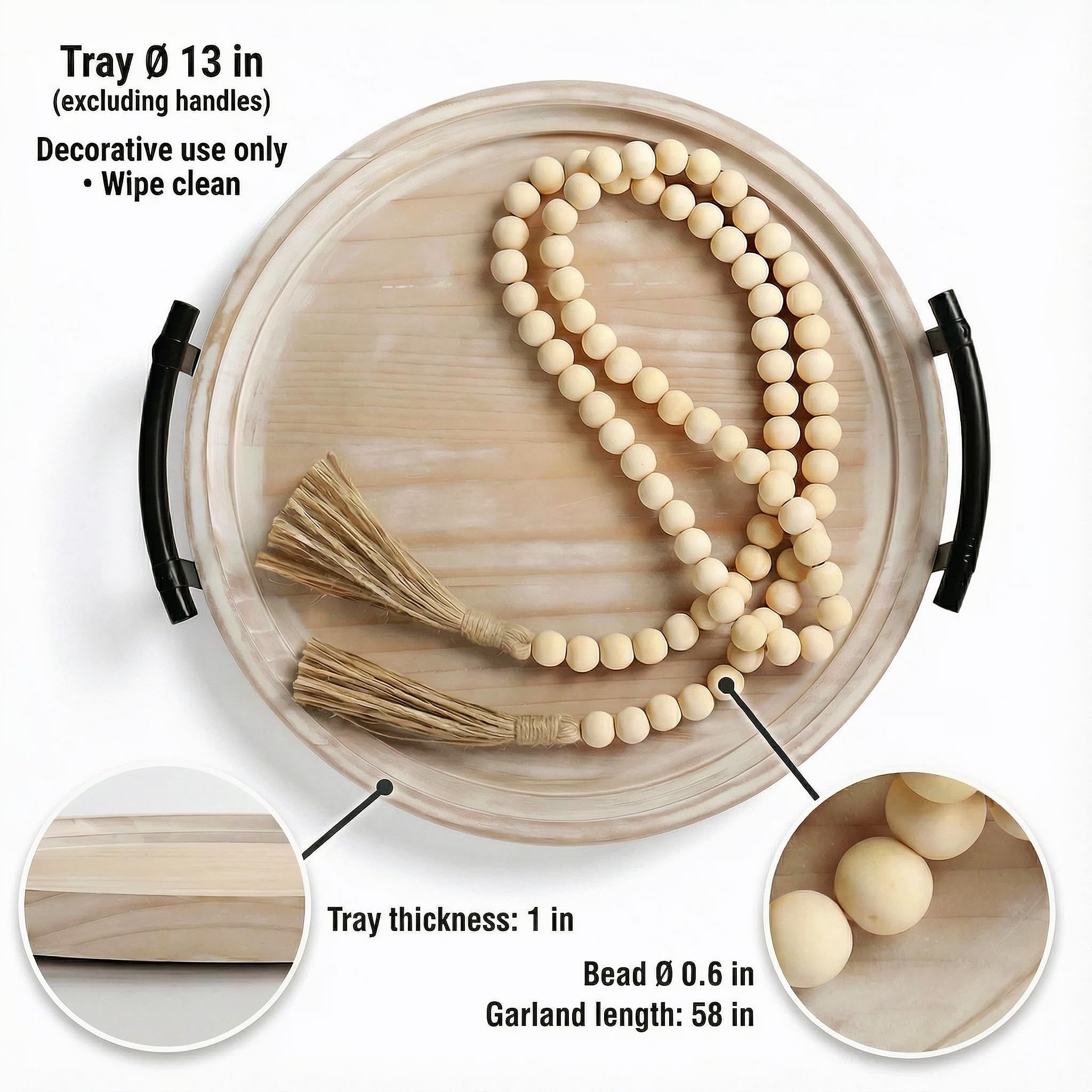 Relaxing Garden round tray with whitewashed finish complements farmhouse decor and neutral palettes.