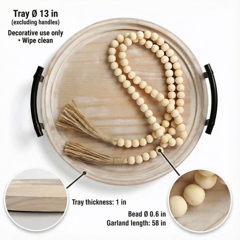 Relaxing Garden round tray with whitewashed finish complements farmhouse decor and neutral palettes.
