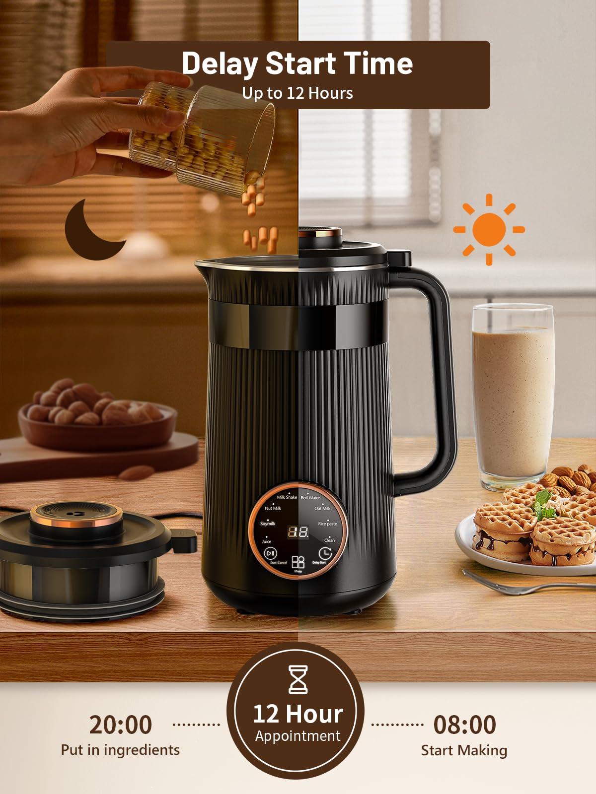 12-hour delay timer on the RELEXNOW Nut Milk Maker for morning convenience.