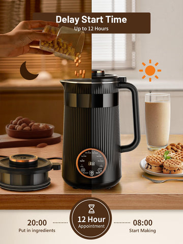 12-hour delay timer on the RELEXNOW Nut Milk Maker for morning convenience.