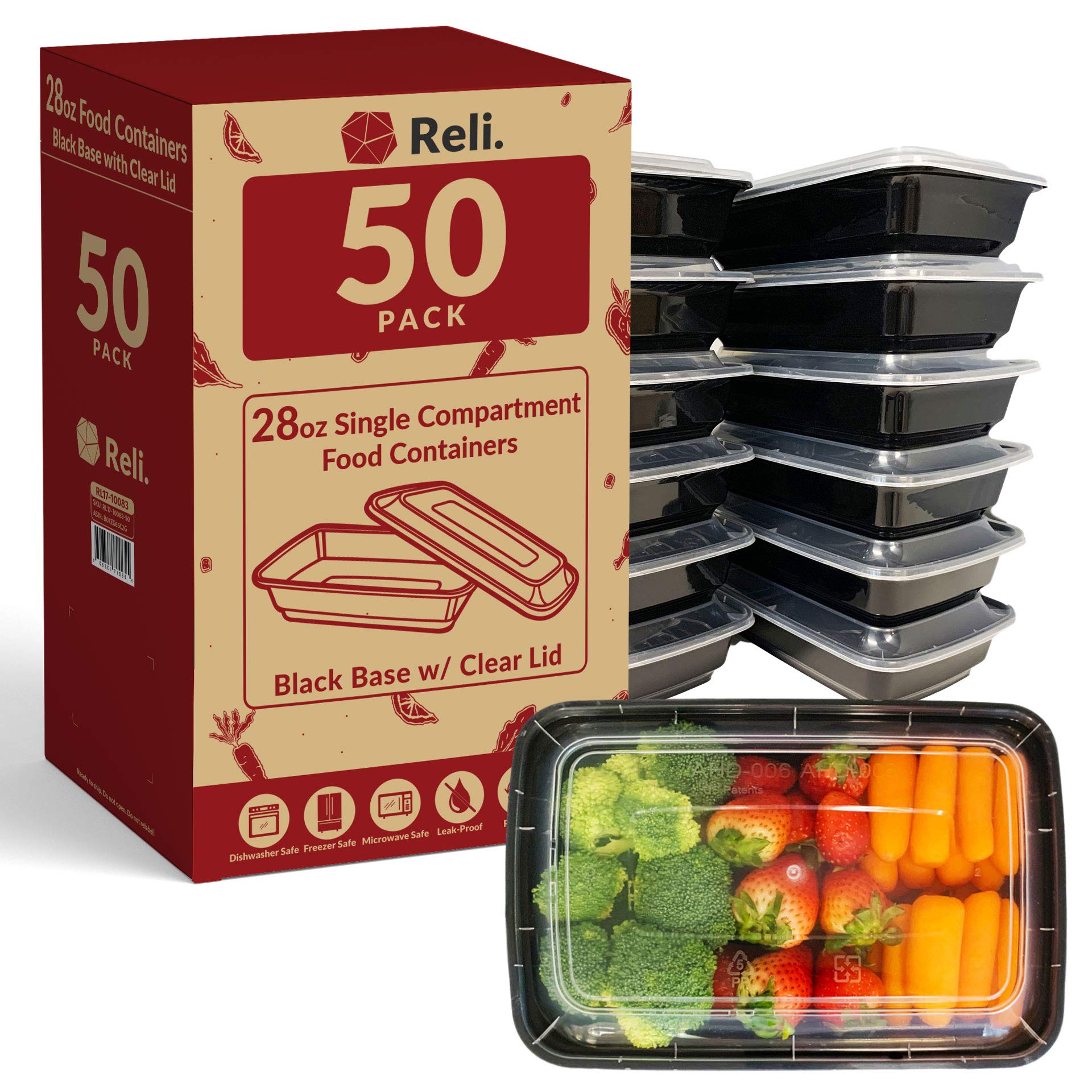 Reli 28oz meal prep container with lid, 50-pack, ideal for organized meals and on-the-go prep.