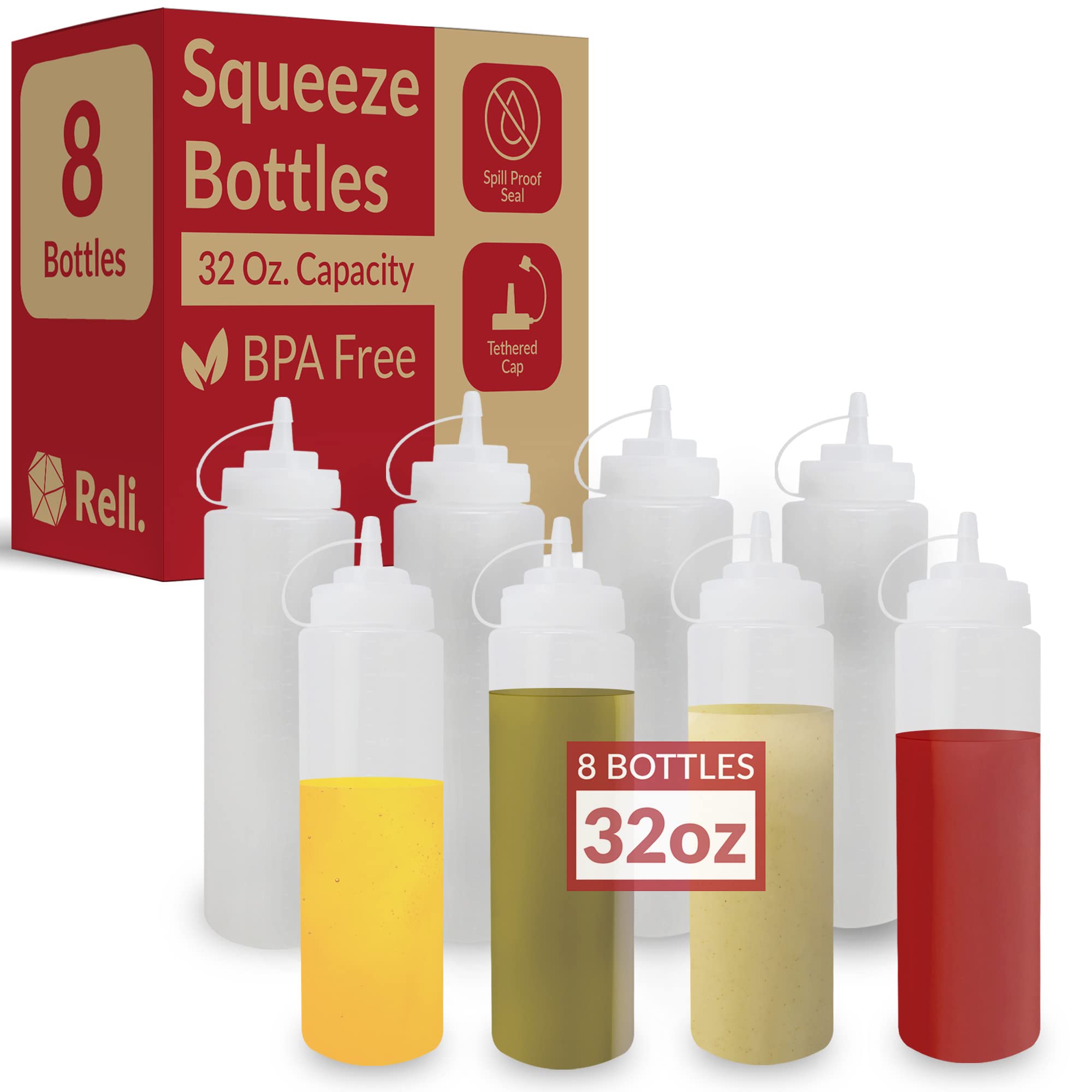 Reli 32oz clear bottle with tethered cap for precise pours