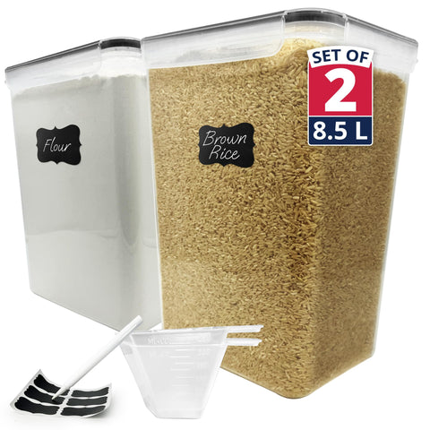Reli 8.5L airtight containers with lids showing organized pantry storage for bulk staples