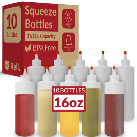Reli clear 16oz squeeze bottle with red tip cap for precise dispensing.
