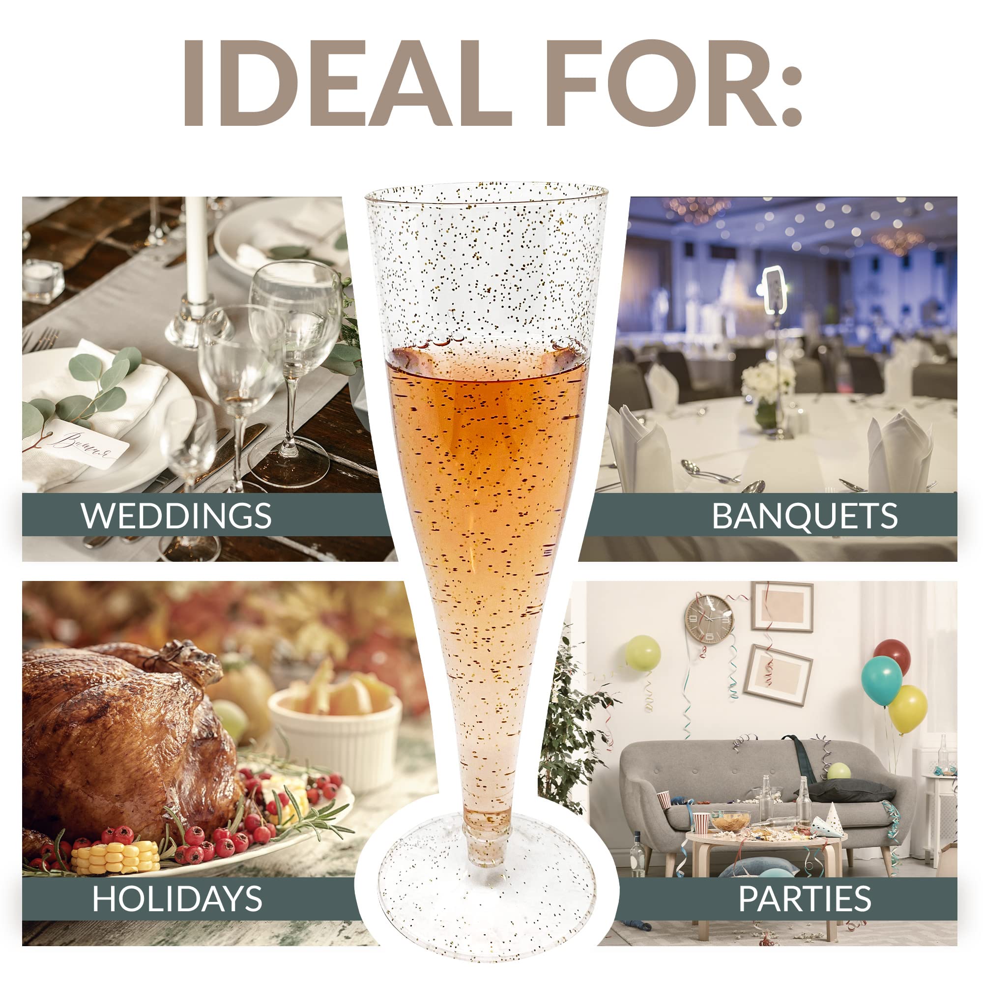 Gold glitter finish on Reli disposable flutes for festive sparkle